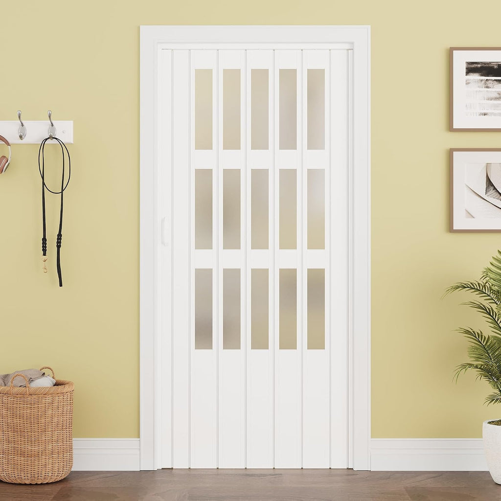 36' x 80' Enhanced Accordion Doors Interior with 3 Frosted Acrylic Panel, Accordion Door for Doorway Hardware Kit Included, PVC Interior Folding Doors with 2 Handles for Closet Bathroom Doorways