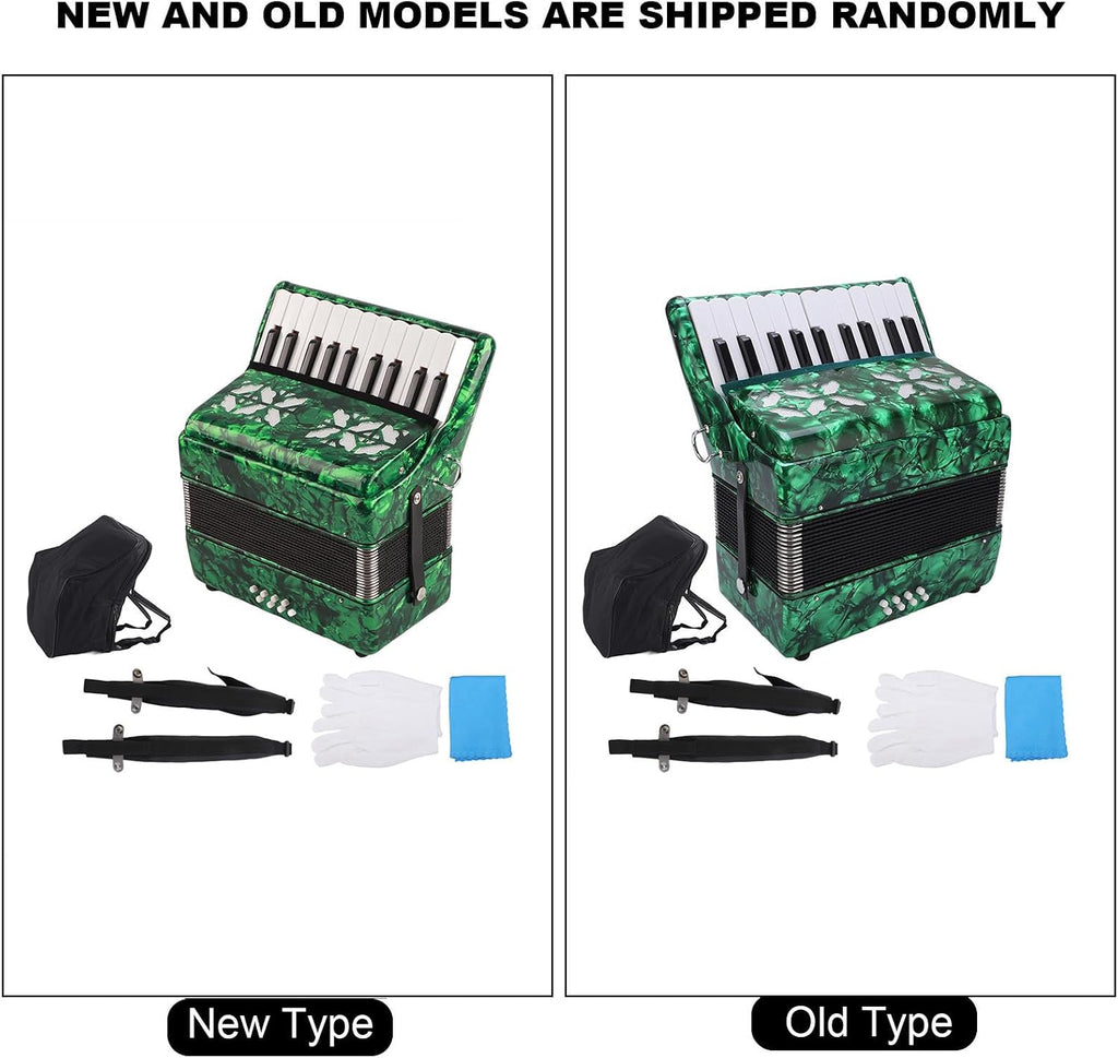 BTER Accordion, 22 Keys 8 Bass Exquisite Celluloid Piano Accordion with Adjustable Straps, International Standard Professional Tuning Musical Instrument for Beginners Adults Stage Performance(Green)