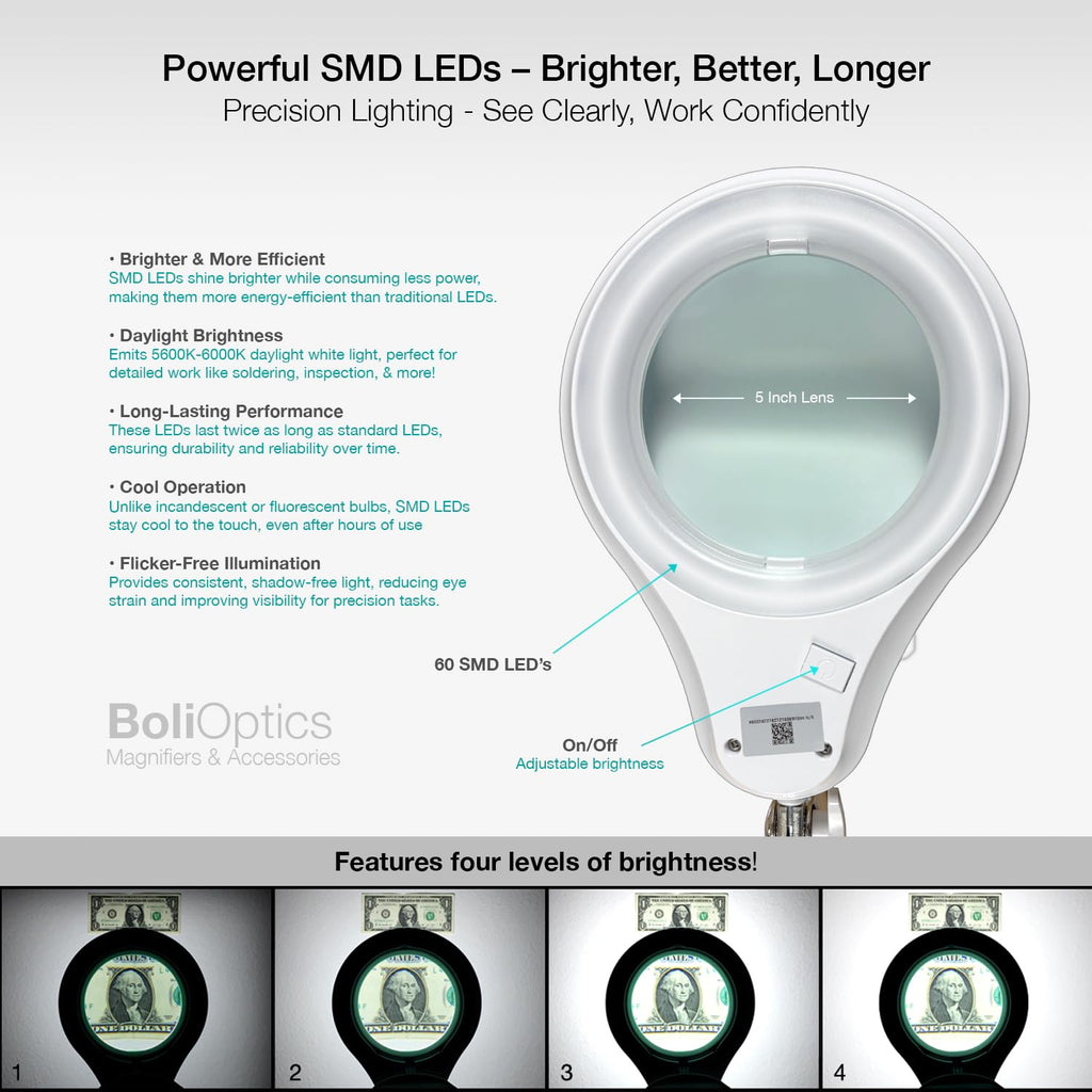 (5 inch Glass Lens) Professional LED Magnifying Lamp with Clamp, Dimmable, 1200 Lumens, 5600K-6000K Daylight Bright 60 SMD LED, Work Light Mounting Bracket Clamp (3 Diopter) BoliOptics MG16303121