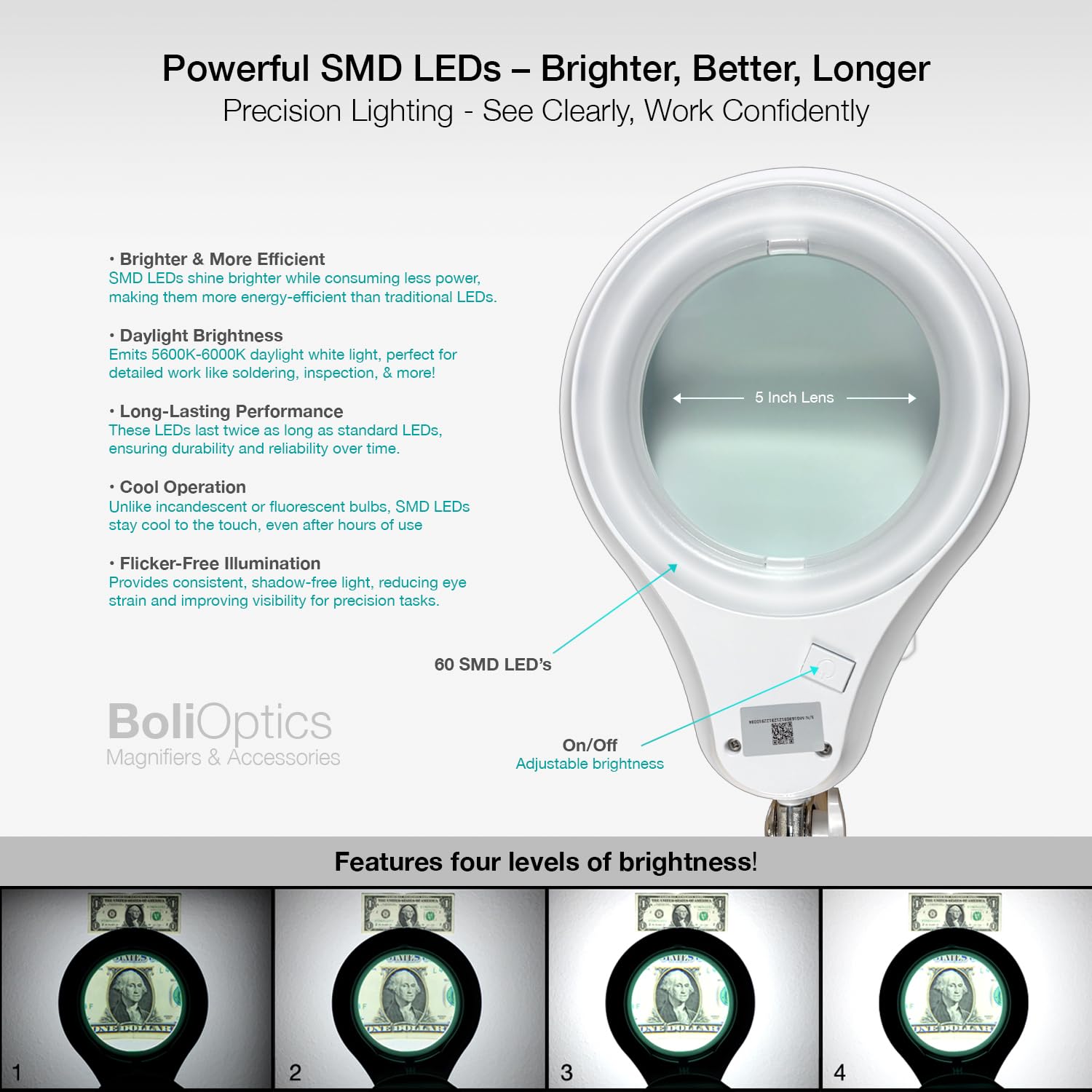 (5 inch Glass Lens) Professional LED Magnifying Lamp with Clamp, Dimmable, 1200 Lumens, 5600K-6000K Daylight Bright 60 SMD LED, Work Light Mounting Bracket Clamp (3 Diopter) BoliOptics MG16303121