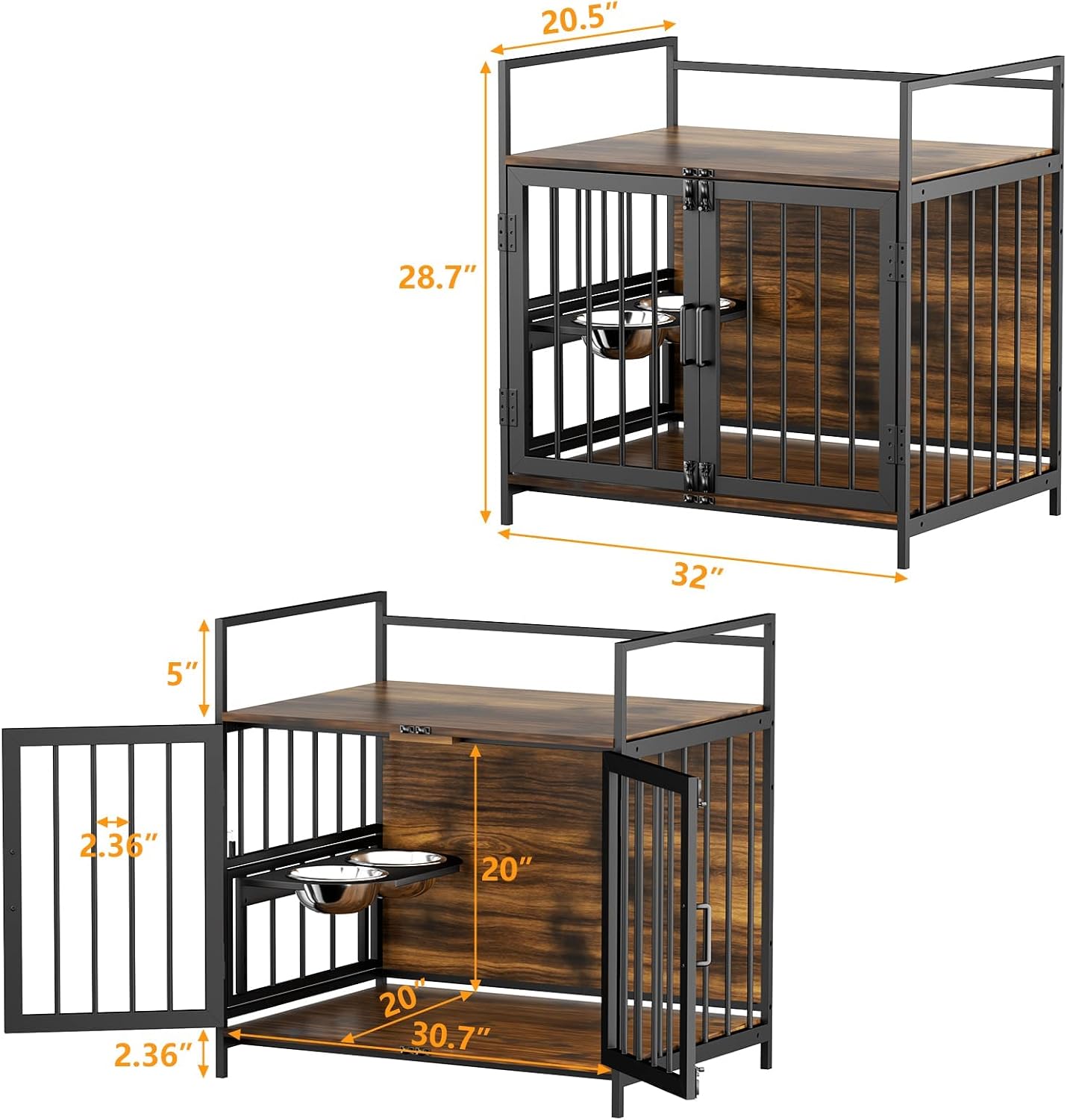 ROOMTEC Dog Crate Furniture-Style Cages for Small Dogs Indoor Heavy Duty Super Sturdy Dog Kennels with 2 Stainless Steel Bowls (32Inch = Int.dims: 30.7' W x 20' D x 20' H)