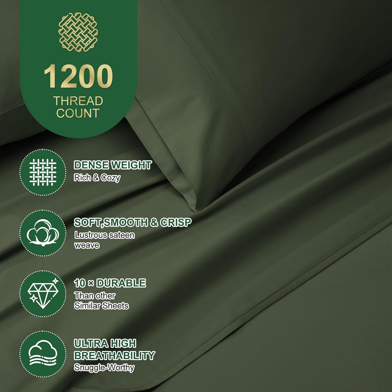 Ivellow 100% Egyptian Cotton Sheets Queen Size Set - 1200 Thread Count 6 PC 18' Deep Pocket Queen Size Bed Sheet Set，Luxury Soft Breathable Dark Green Cooling Sheet Sets Durable Hotel Quality Bedding