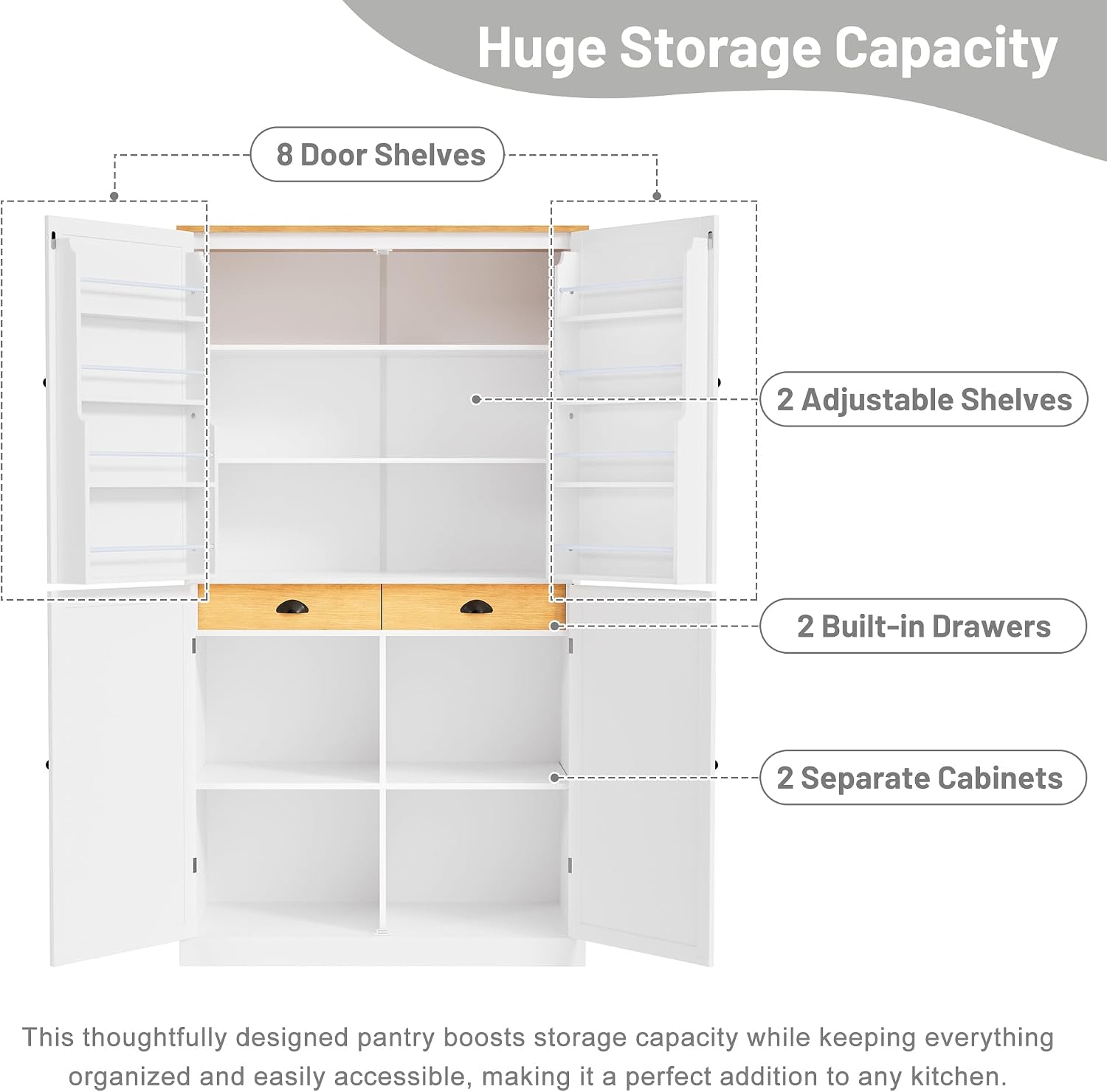 71.3inch Farmhouse Kitchen Pantry, Freestanding Large Cupboard Storage Cabinet with 2 Drawers and 2 Adjustable Shelves, Wood Storage Cabinet with 8 Door Shelves for Kitchen, Dining Room (White-2)