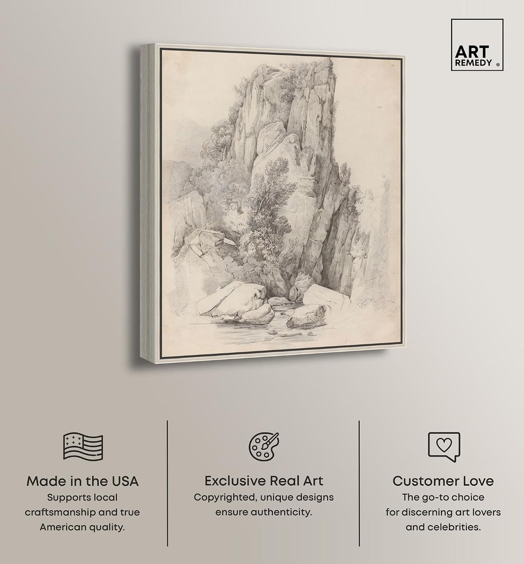 Art Remedy Rock Cliffs above a Stream 1818 Canvas Classic Sketches, Silver Frame, 20' x 24'