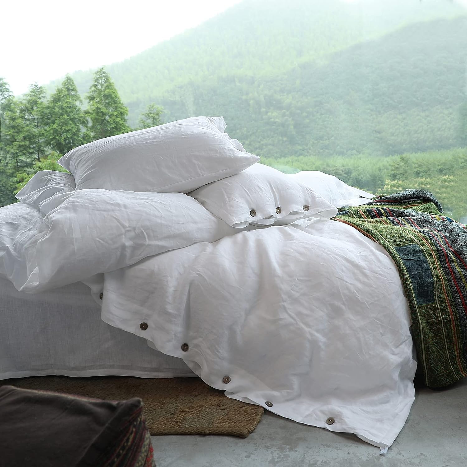 Simple&Opulence 100% Linen Duvet Cover Set 3pcs with Coconut Button Closure Natural French Washed Flax Solid Color Soft Breathable Farmhouse Bedding - White, King Size