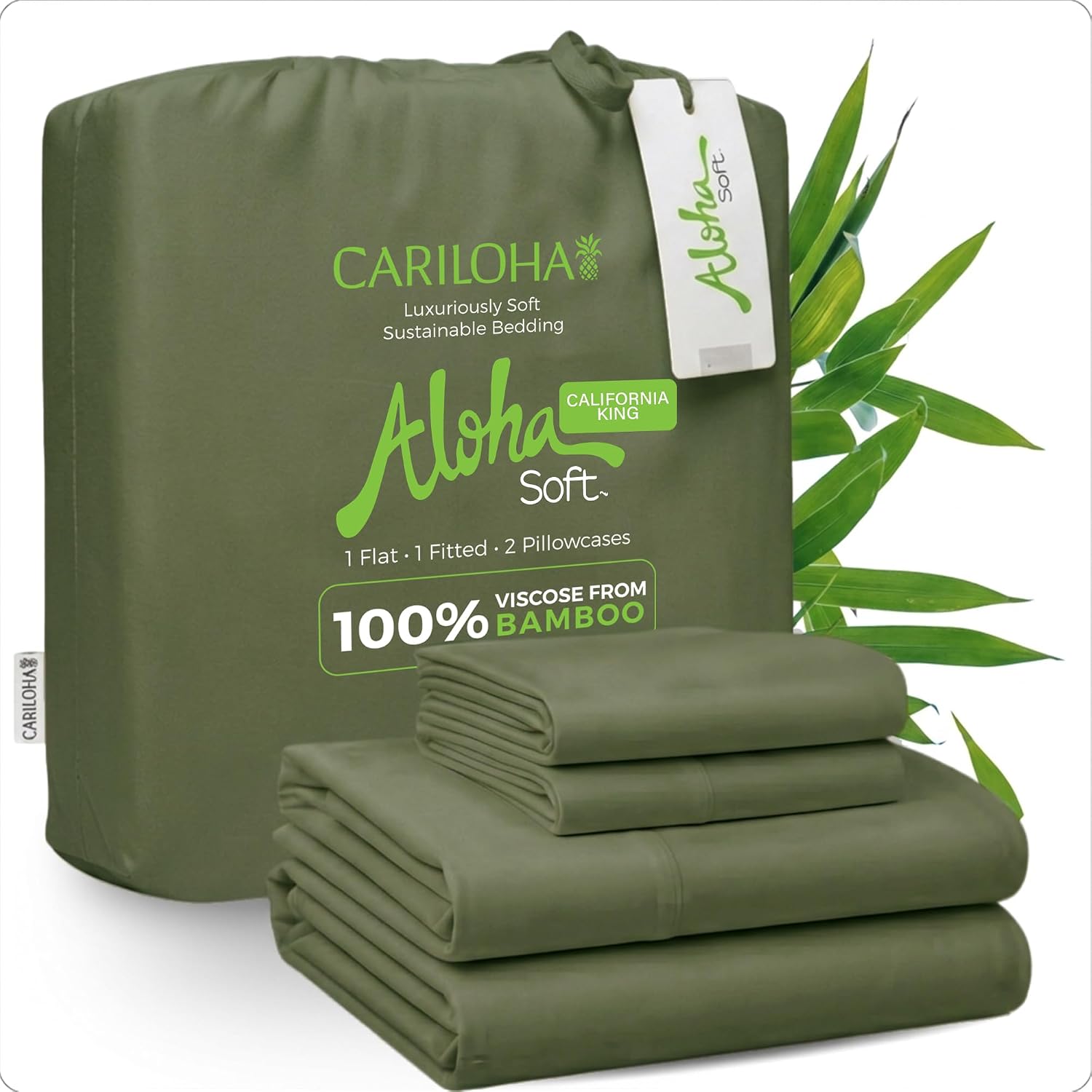 Cariloha Aloha Soft 4-Piece Sheet Set | Coastal Pine | Cal King | Made from 100% Viscose derived from Bamboo | Introductory Sheet Line