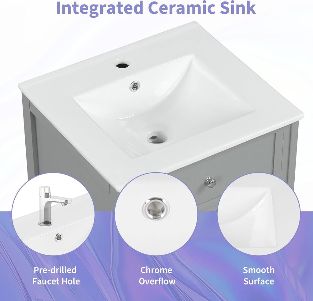 Flieks 20' Bathroom Vanity with Sink, Bathroom Cabinet with Soft Closing Door, Storage Rack and Adjustable Shelve, Grey