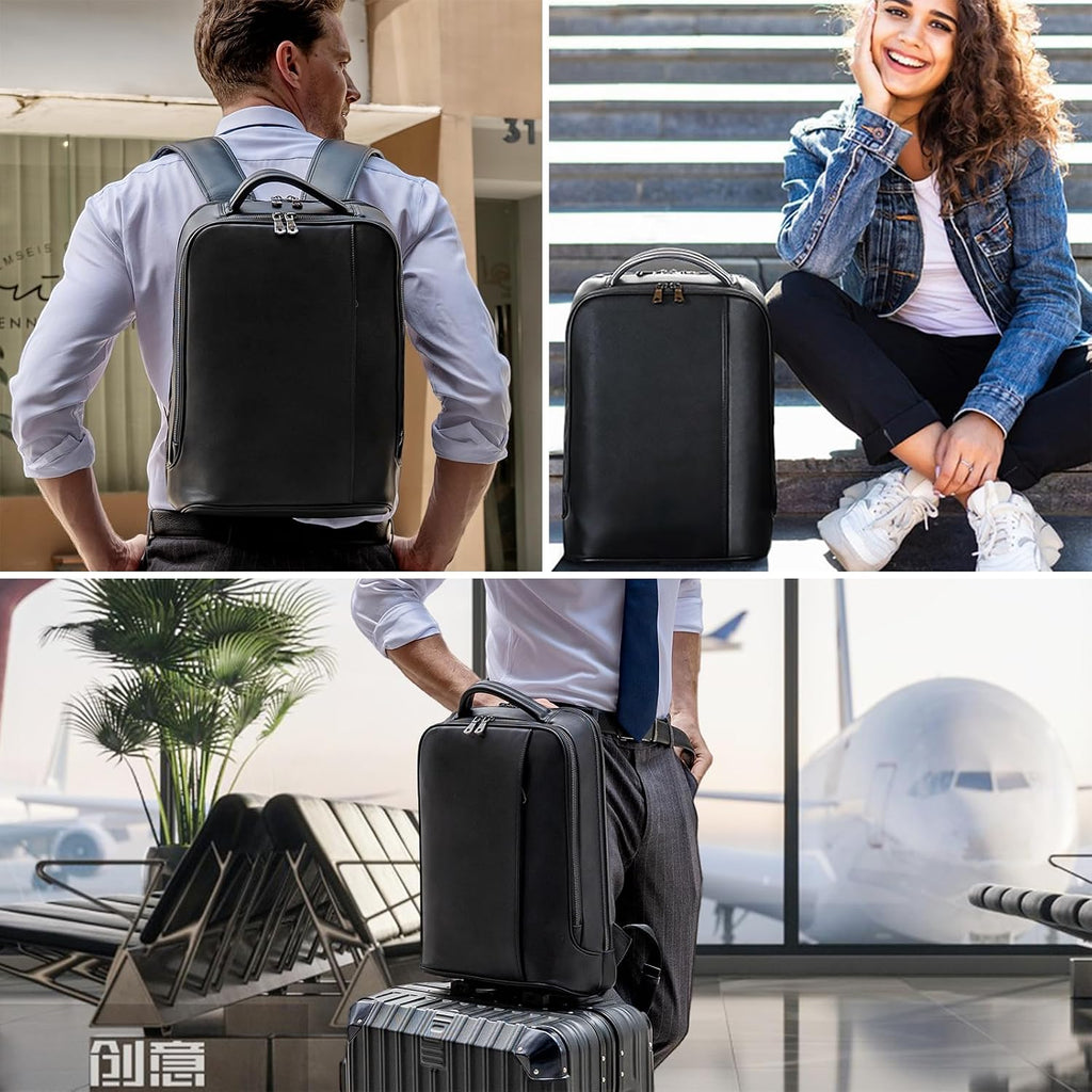 Masa Kawa Slim Leather 15' Laptop Backpack for Women Men Small Business Travel Office Work Computer Rucksack Bag Executive Casual Daypack, Black