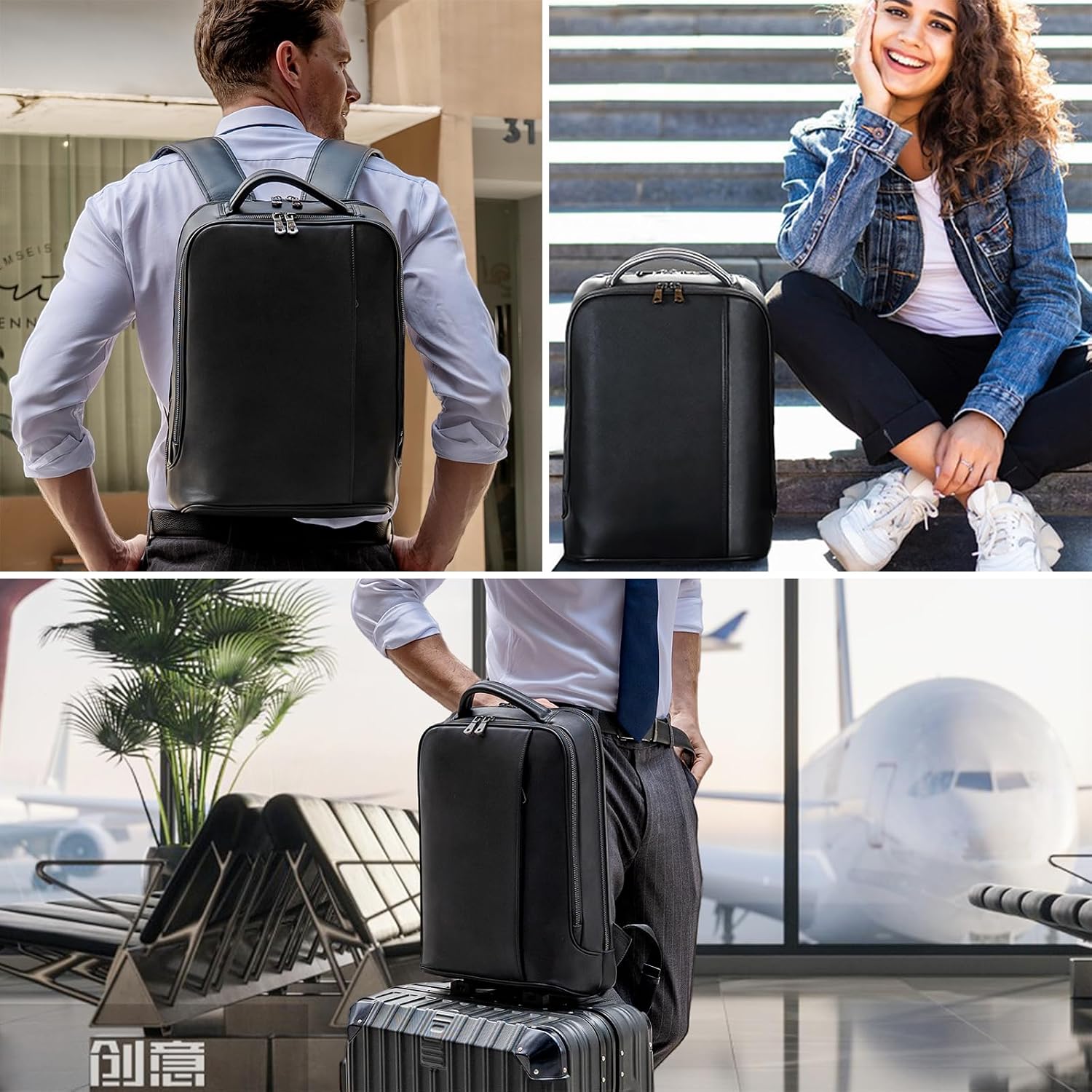 Masa Kawa Slim Leather 15' Laptop Backpack for Women Men Small Business Travel Office Work Computer Rucksack Bag Executive Casual Daypack, Black