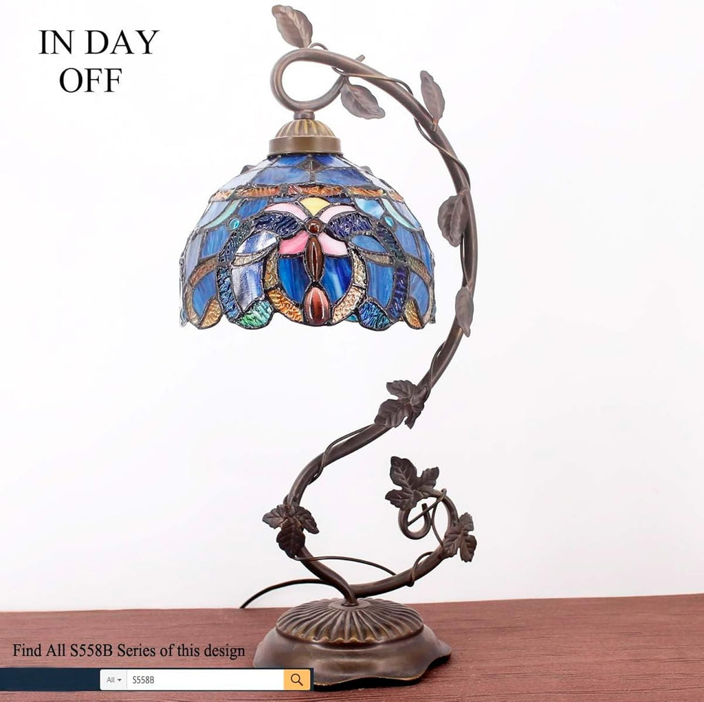 WERFACTORY Tiffany Lamp Cloudy Blue Stained Glass Table Lamp, Metal Leaf Base 8X10X21 Inches Reading Desk Light Decor Small Space Bedside Bedroom Home Office S558 Series