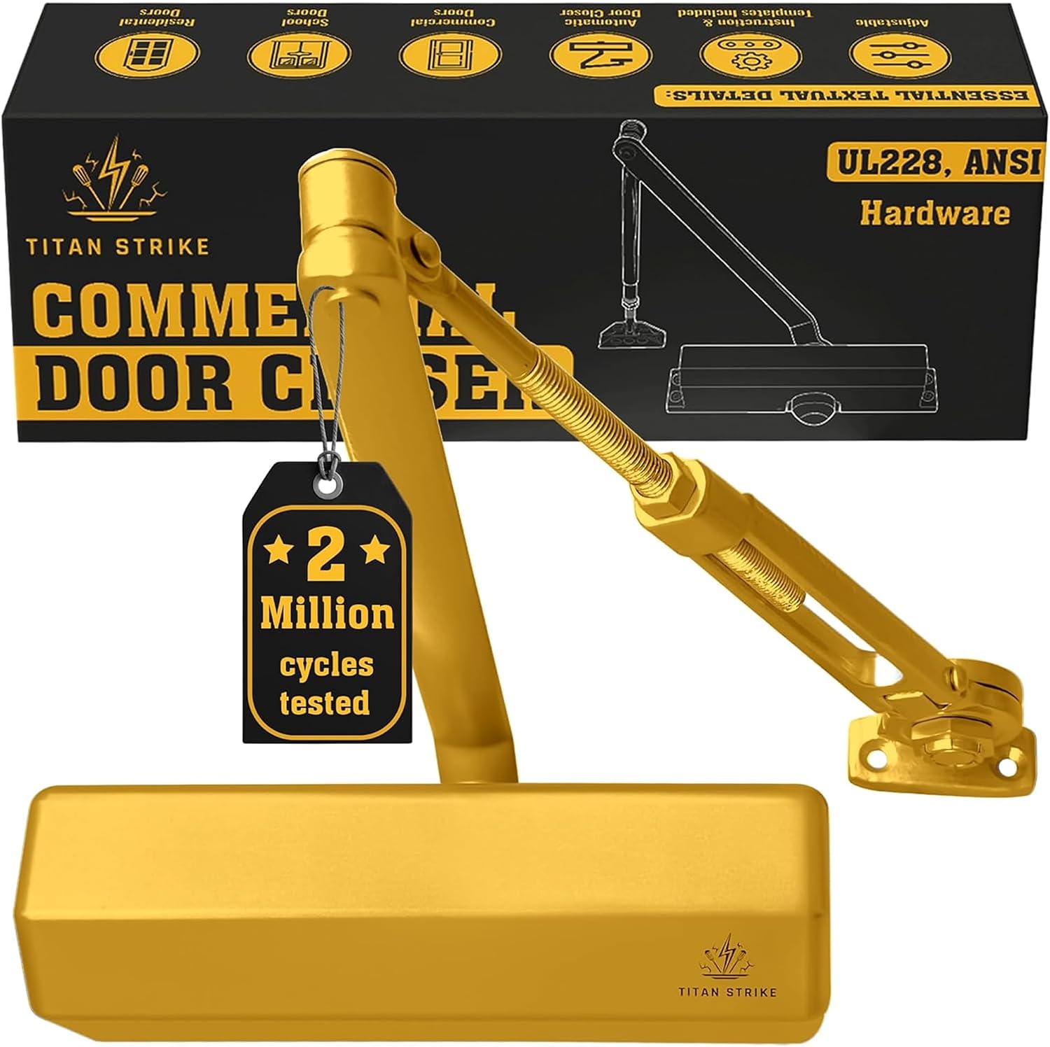 Heavy Duty Automatic Door Closer with Hold Open, Commercial Indoor/Outdoor Adjustable Door Closure, ANSI Grade 1, UL Certified, ADA Compliant, (44-330lb, 30-60in) – Gold