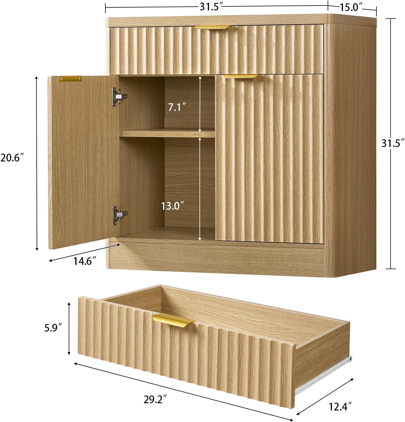 TEENFON 63' Fluted Buffet Sideboard Cabinet with Storage, Buffet Table Coffee Bar Wine Bar Storage Cabinet with Adjustable Shelf for Living Room, Kitchen, Natural