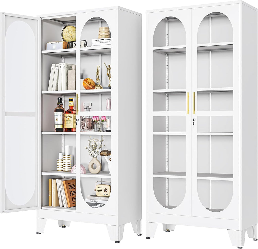 PAOFIN 71' H Locking Display Cabinet with Glass Door, Metal Curio Cabinets with 4 Adjustable Shelves, Tall Liquor Cabinet Display Case for Living Room, Collectibles, Home - Assembly Required White