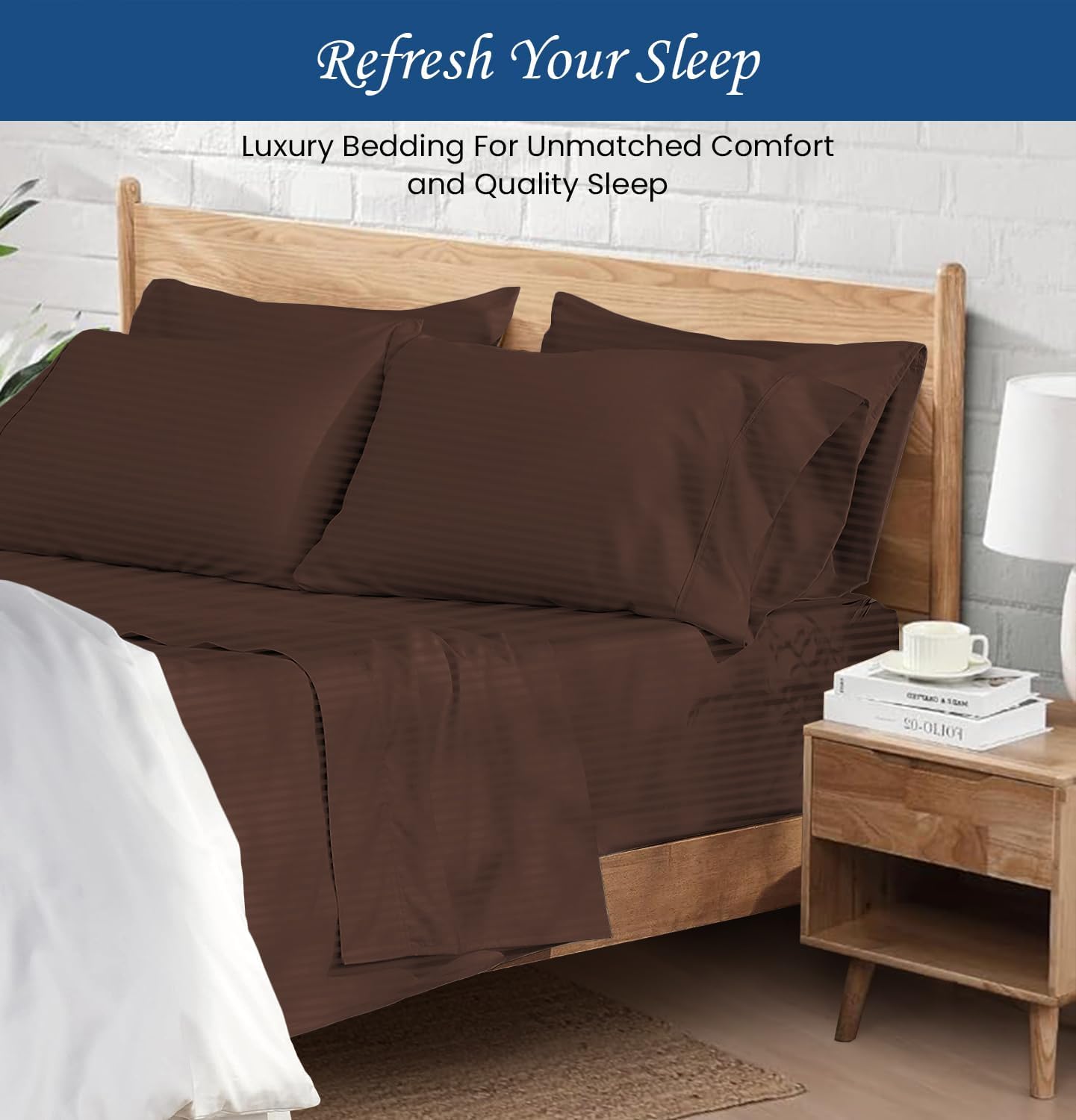 1000 Series- Extra Long Staple 100% Egyptian Cotton Sheet Set,Sateen Weave, Hotel Quality Soft Luxury Bedding, Queen Size 4 Piece Sheet Set Fit 15' Inch to 18' Deep [Stripe Chocolate]