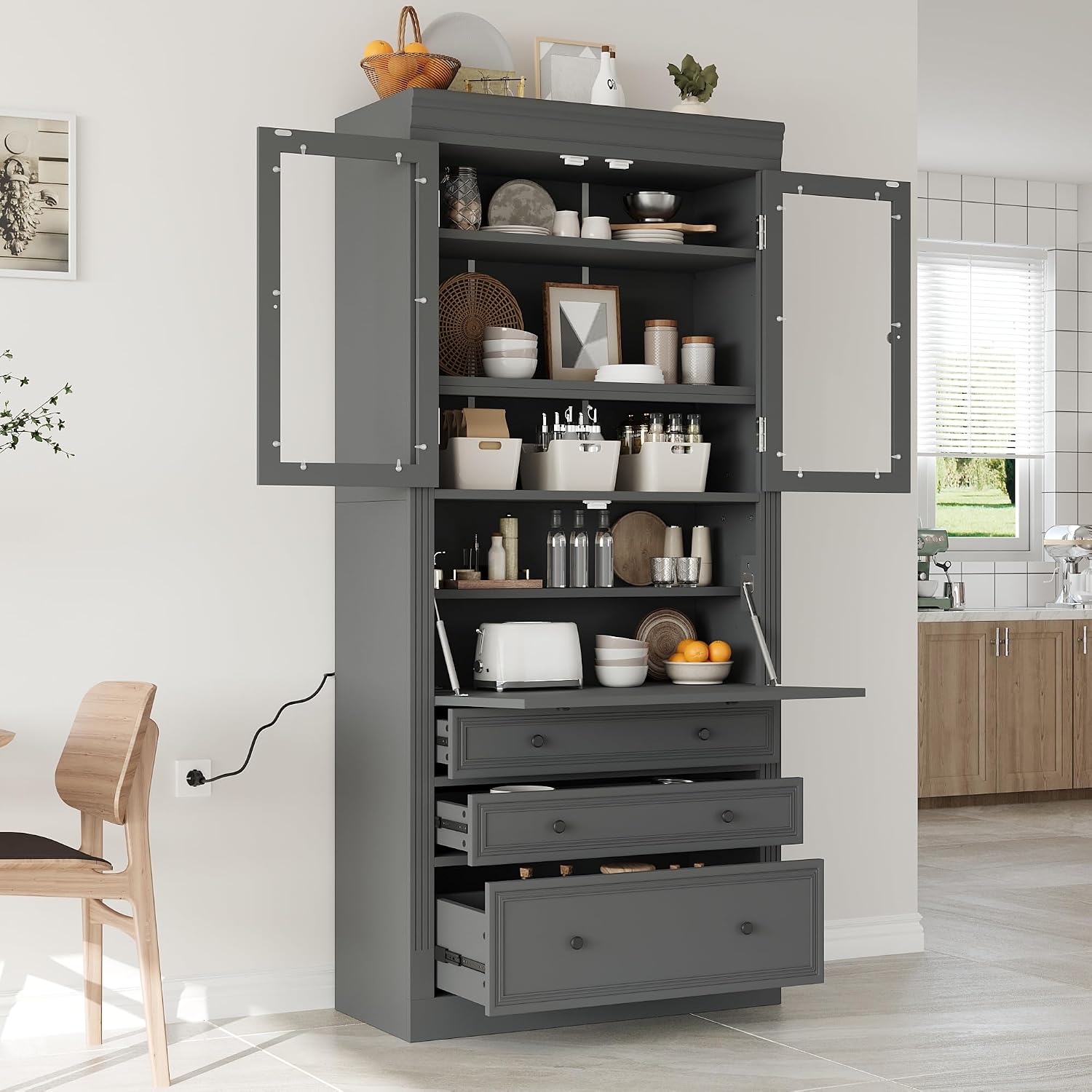 78 inch Tall Kitchen Pantry Cabinet with 3 Drawers and Adjustable Shelves, Wood Storage Cabinet with Drop-Down Surface and Glass Doors for Dining Room and Living Room (Grey//3)