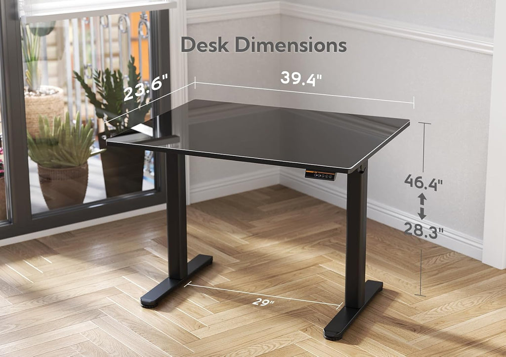 Claiks Glass Standing Desk, 40x24 Inch Small Stand Up Desk Electric Adjustable Height Quick Install Computer Desk for Home Office, Black