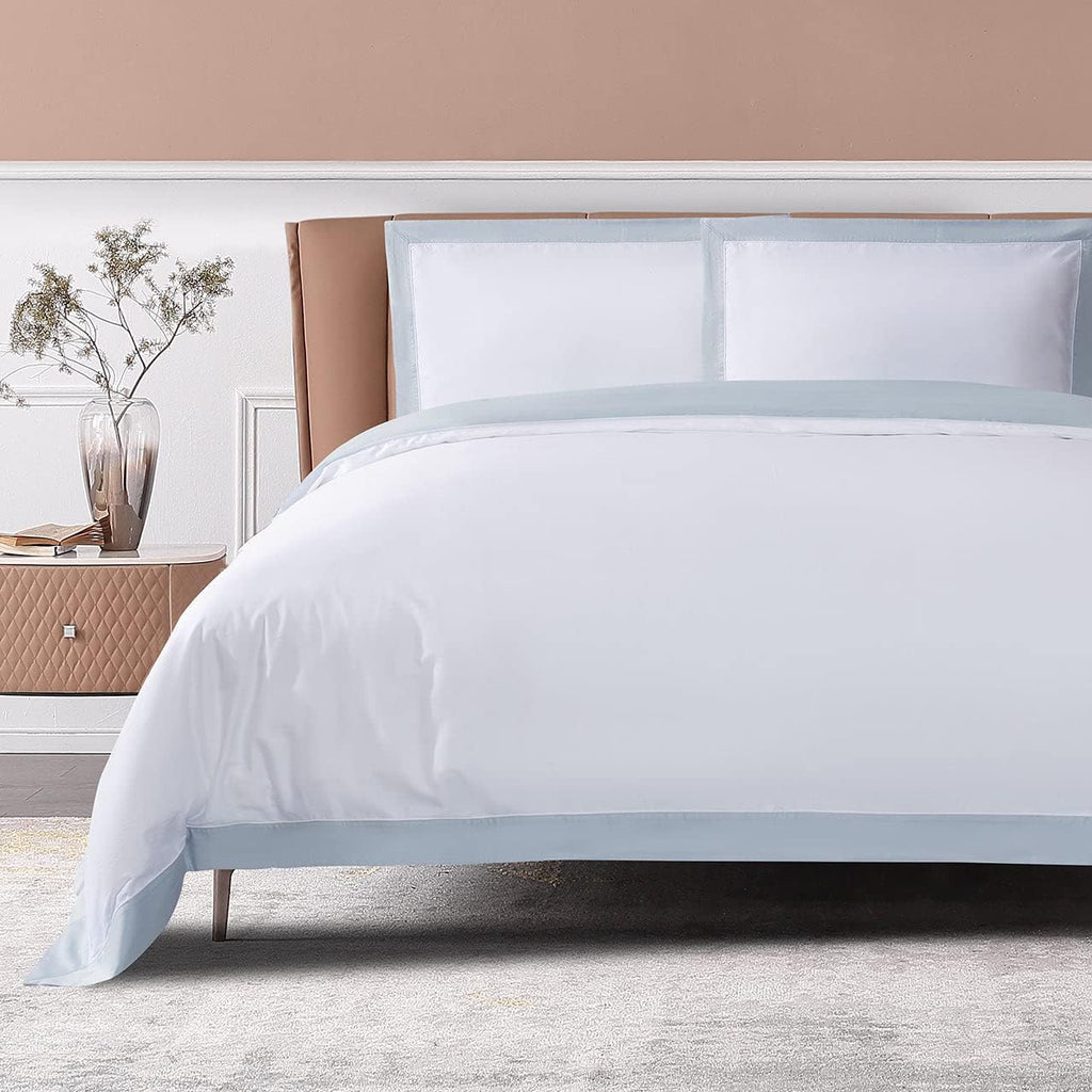THE COTTON & SILK®️ 100% Luxury Long-Staple Cotton Duvet Cover Set - Soft & Breathable - Include 1 Duvet Cover with Corner Ties & Hidden Zipper, 2 Pillow Shams - White + Misty Blue, Queen Size