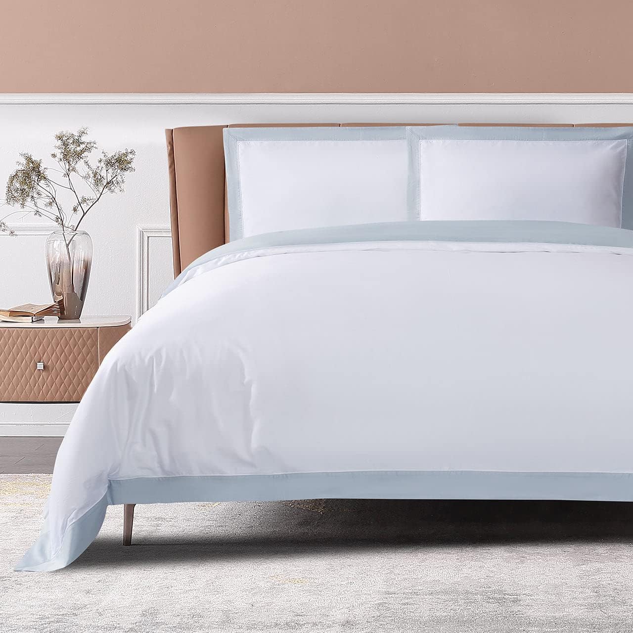 THE COTTON & SILK®️ 100% Luxury Long-Staple Cotton Duvet Cover Set - Soft & Breathable - Include 1 Duvet Cover with Corner Ties & Hidden Zipper, 2 Pillow Shams - White + Misty Blue, Queen Size