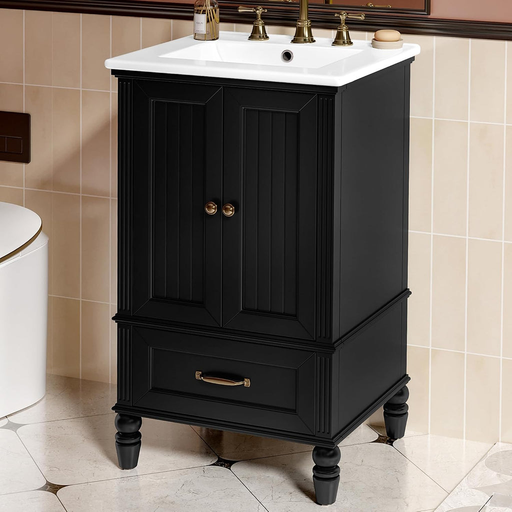roomfitters 20' Bathroom Vanity with Sink Cabinet with 2 Doors Drawer Adjustable Foot Pads and Magnetic Door Stopper, Black