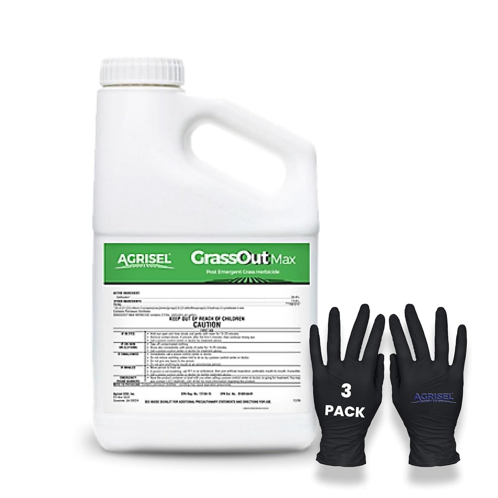 Agrisel GrassOut Max Weed Killer, Targets 50+ Grassy Weeds Without Harming Desired Plants, Pet Safe, Large Area Treatment, Easy Application, Includes 3-Pack of Agrisel Protective Gloves, 128 Ounces