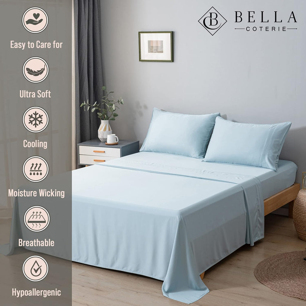 Bella Coterie Luxury Bamboo Viscose Queen Size Sheet Set | 100% Organically Grown | Ultra Soft | Cooling for Hot Sleepers | 18' Deep Pocket [Coastal Blue]