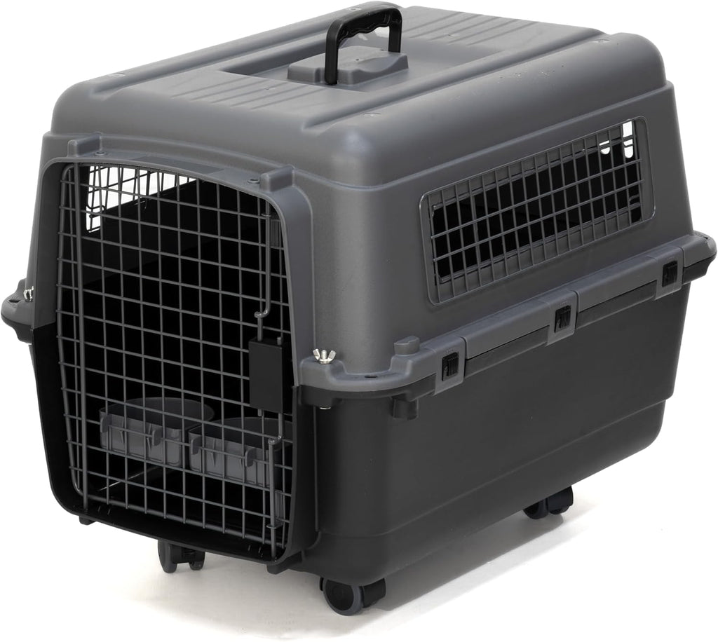 SportPet Airline Compliant MEDIUM 26.5' Travel Dog Kennel-Durable Plastic Airline Pet Carrier w/ Removable Wheels & Food Bowls, Collapsible Indoor/Outdoor Dog Kennel, Dogs up to 23'L & 15'H-Dark Gray