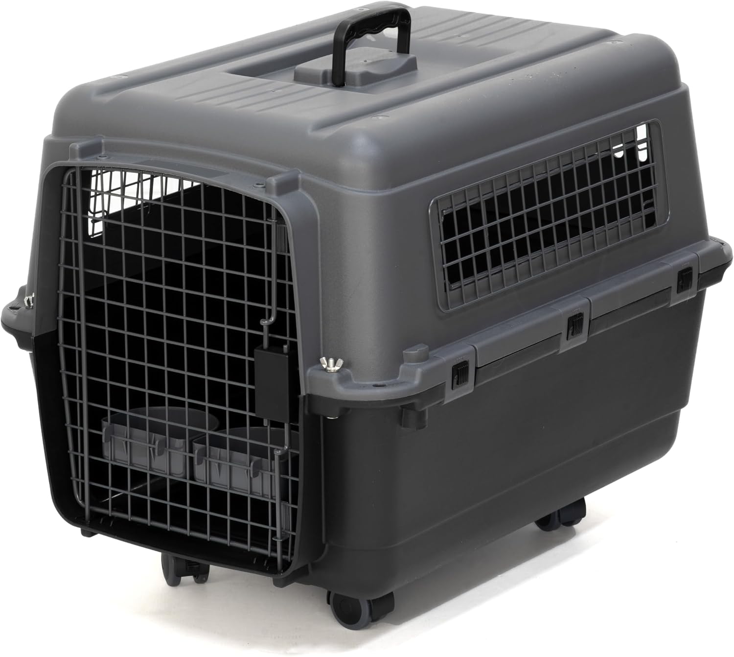 SportPet Airline Compliant MEDIUM 26.5' Travel Dog Kennel-Durable Plastic Airline Pet Carrier w/ Removable Wheels & Food Bowls, Collapsible Indoor/Outdoor Dog Kennel, Dogs up to 23'L & 15'H-Dark Gray