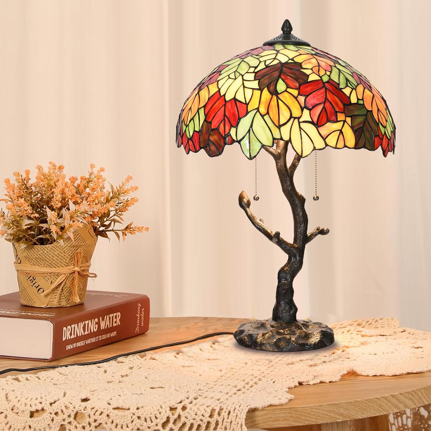 TL0032 Maple Leaves Tiffany Table Lamp Bedside Stained Glass Shade Reading Desk Light 16 x 24.25 Inches for Bedroom Living Room Home Office, LED Bulbs Included