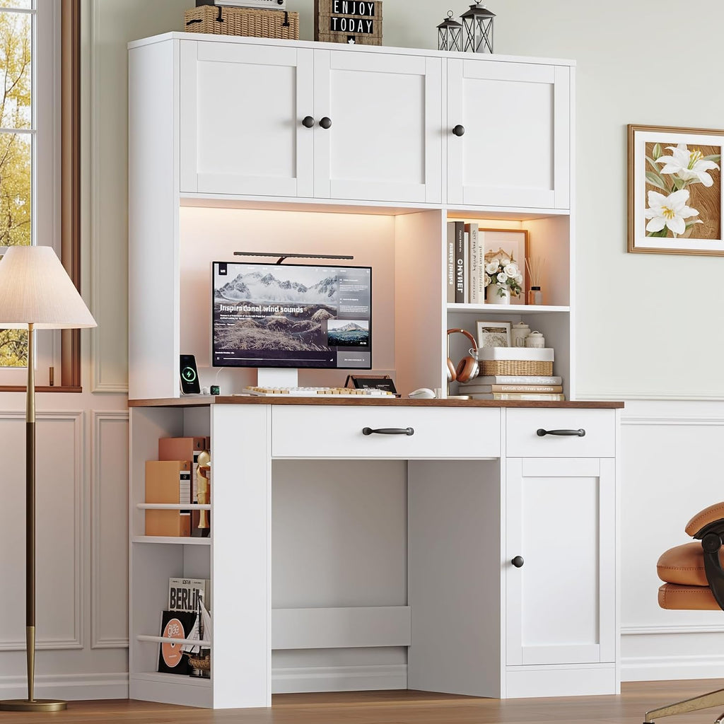 Keyluv 71' Tall Computer Desk with Hutch Cabinet, Home Office Desk with Storage Drawers Shelves and Side Rack, Wood Executive Desk with Doors, Outlet Station and Smart LED Lights, White