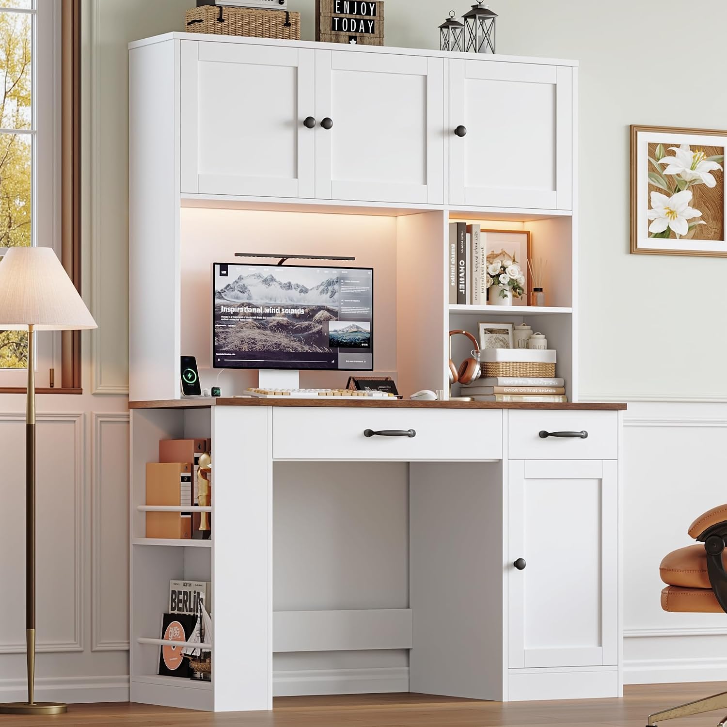 Keyluv 71' Tall Computer Desk with Hutch Cabinet, Home Office Desk with Storage Drawers Shelves and Side Rack, Wood Executive Desk with Doors, Outlet Station and Smart LED Lights, White