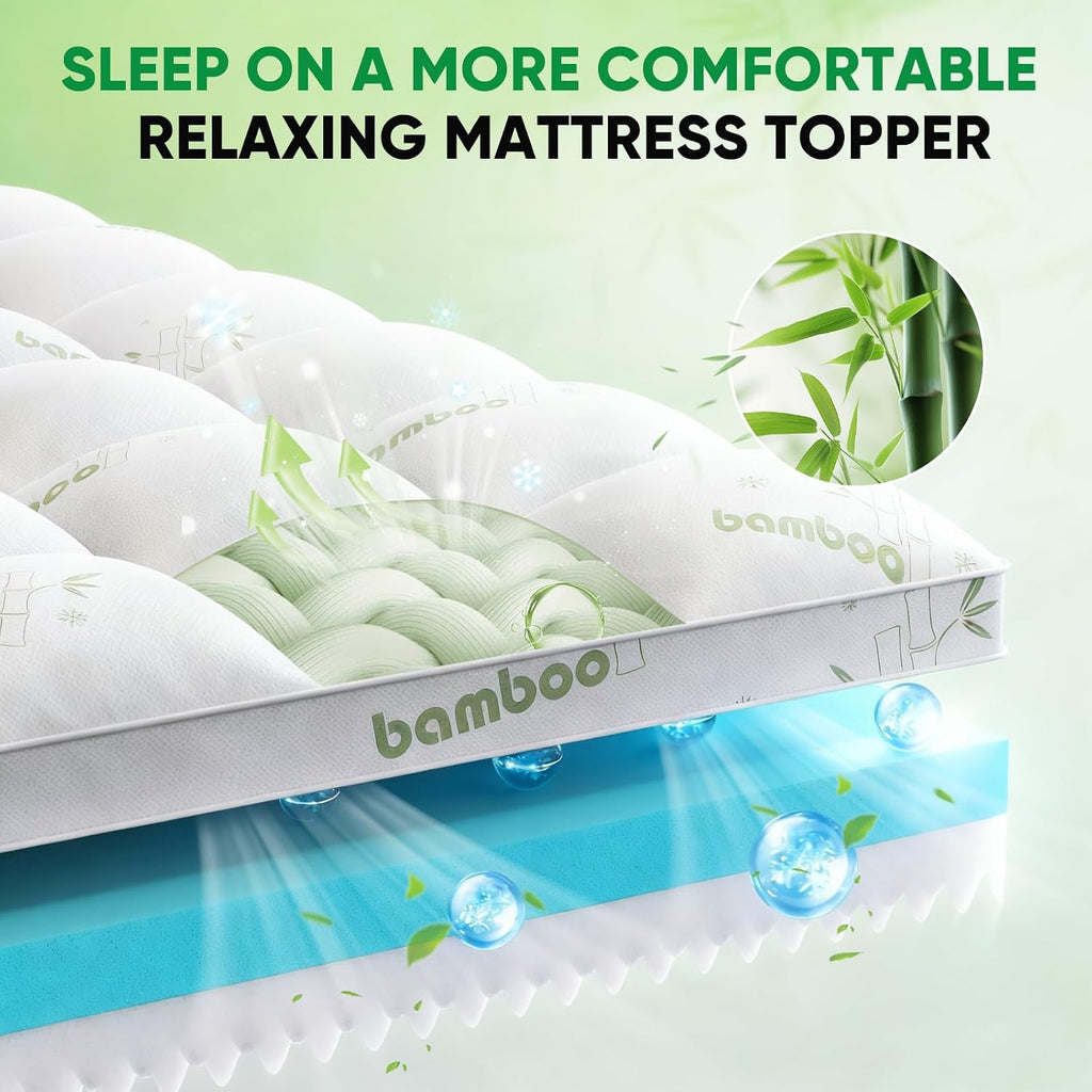 Queen Mattress Topper, 3 in 1 Memory Foam Mattress Topper for Back Pain, 2' Fluffy Cooling Mattress Toppers Queen Breathable Viscose Made from Bamboo and 2.5' Dual Firmness Gel Memory Foam.