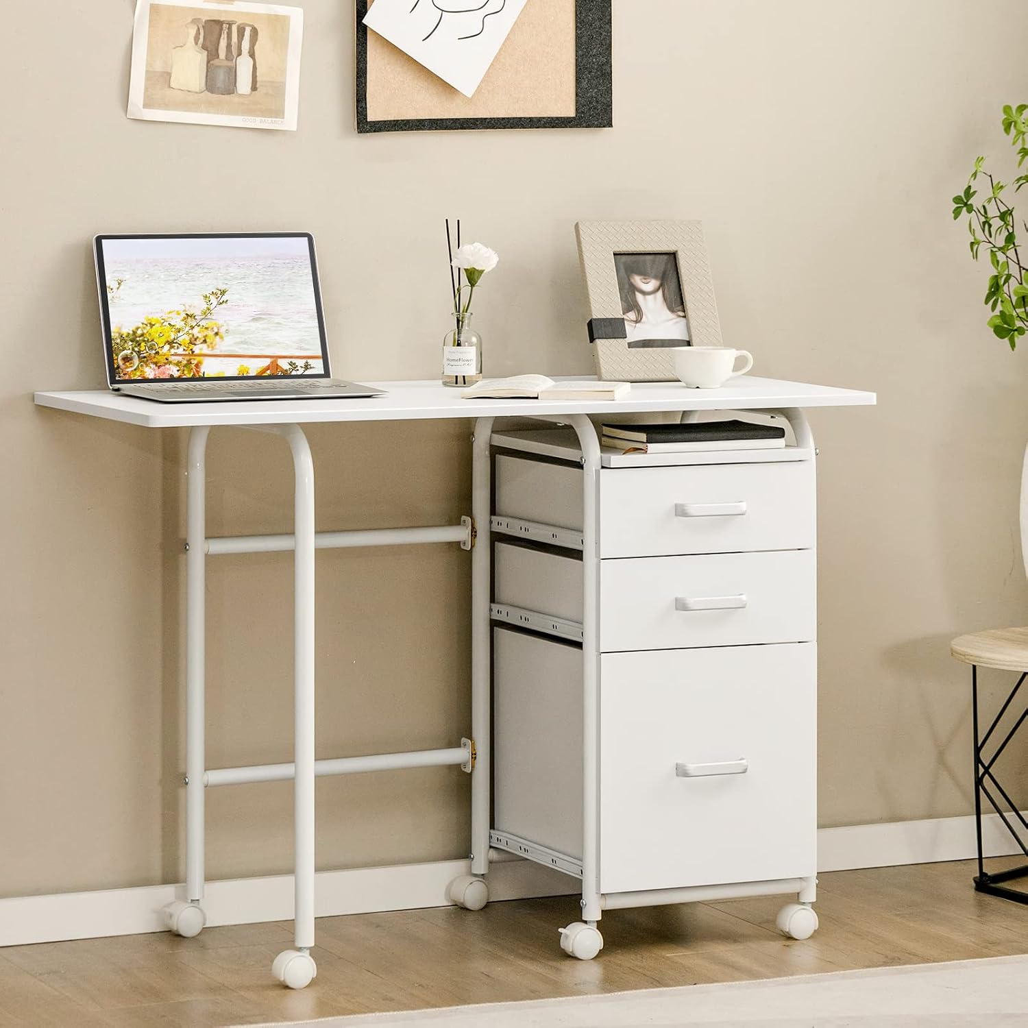 Tangkula White Folding Desk with 3 Drawers, Mobile Home Office Desk Study Writing Desk with Smooth Wheels, Space Saving Compact Table for Dorm Apartment, Rolling Couch Desk Table