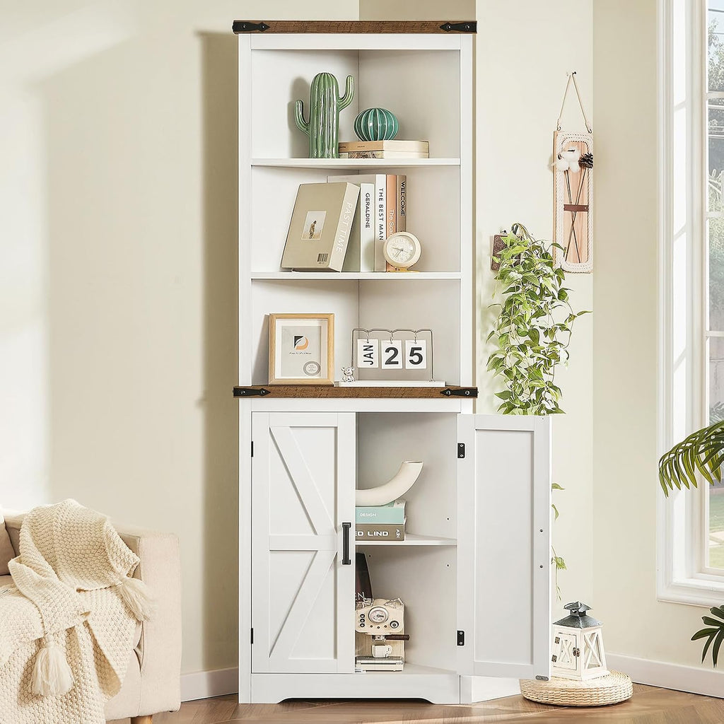 TEENFON Farmhouse Corner Cabinet, 70' H Tall Corner Hutch with 5 Shelves & 2 Barn Doors, Bathroom Cabinet with Adjustable Shelf, for Living Room, Kitchen, Bathroom, White