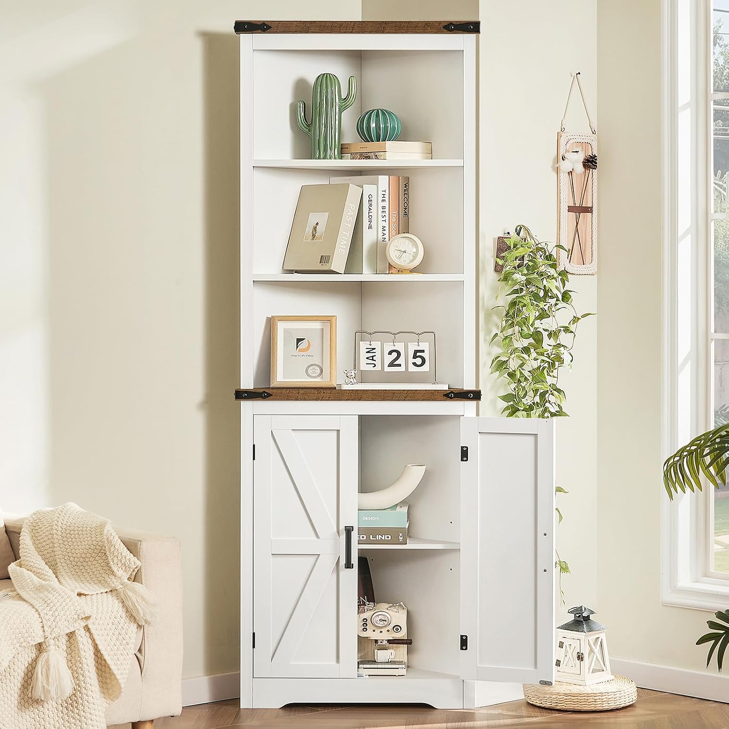 TEENFON Farmhouse Corner Cabinet, 70' H Tall Corner Hutch with 5 Shelves & 2 Barn Doors, Bathroom Cabinet with Adjustable Shelf, for Living Room, Kitchen, Bathroom, White