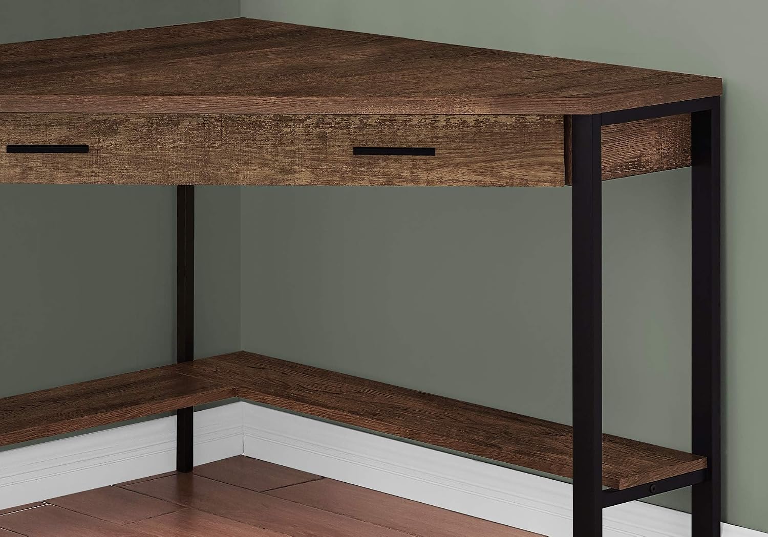 Pemberly Row Home Office Corner Computer Desk, 42' L, Reclaimed Wood Brown and Black Finish, Metal Frame, 1 Drawer, Bottom Shelf, Traditional Style Writing Desk for Work or Laptop Use