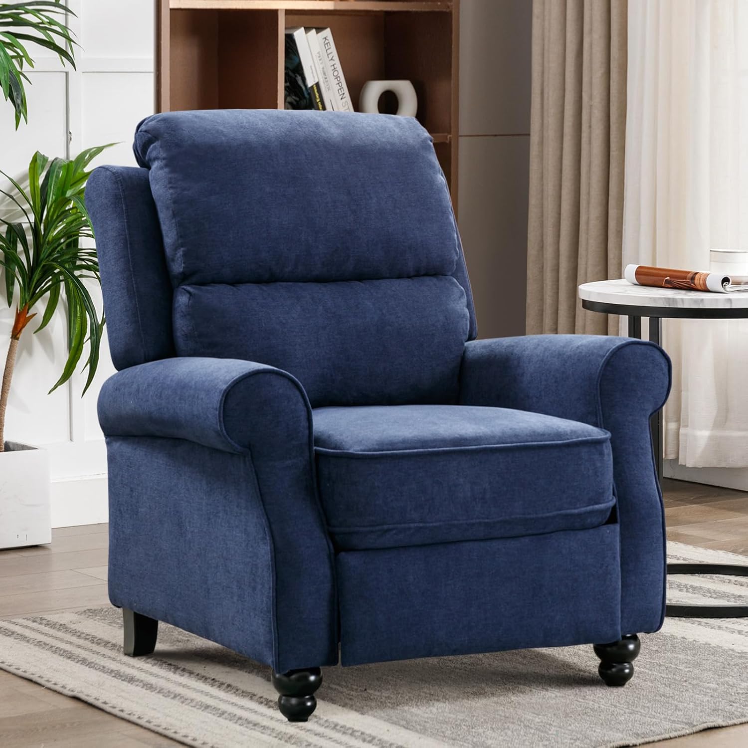 IOMOR Push Back Recliner Chair, Fabric Armchair Overstuffed Pushback Recliner, Heavy Duty Single Sofa Chair with Padded Seat Solid Wood Legs for Living Room (Blue)