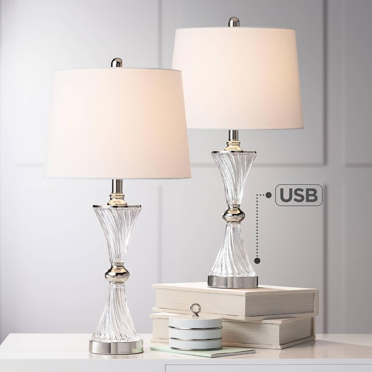Regency Hill Luca Modern 3-Way Table Lamps 25 1/2' Tall Set of 2 with USB Charging Ports and Dimmers Clear Glass White Fabric Drum Shade for Bedroom Living Room House Desk Bedside Office Family