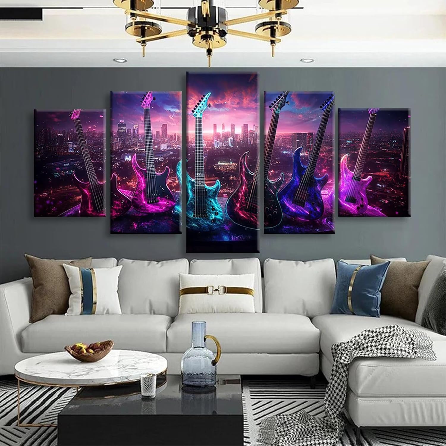 Guitar Diamond Art 5 Piece Diamond Painting City 5D DIY Full Round Drill Dimond Art Paintings Rhinestones Crafts for Adults Gem Painting for Home Decor, Large Artwork for Wall 36 x 70 Inch, Model273