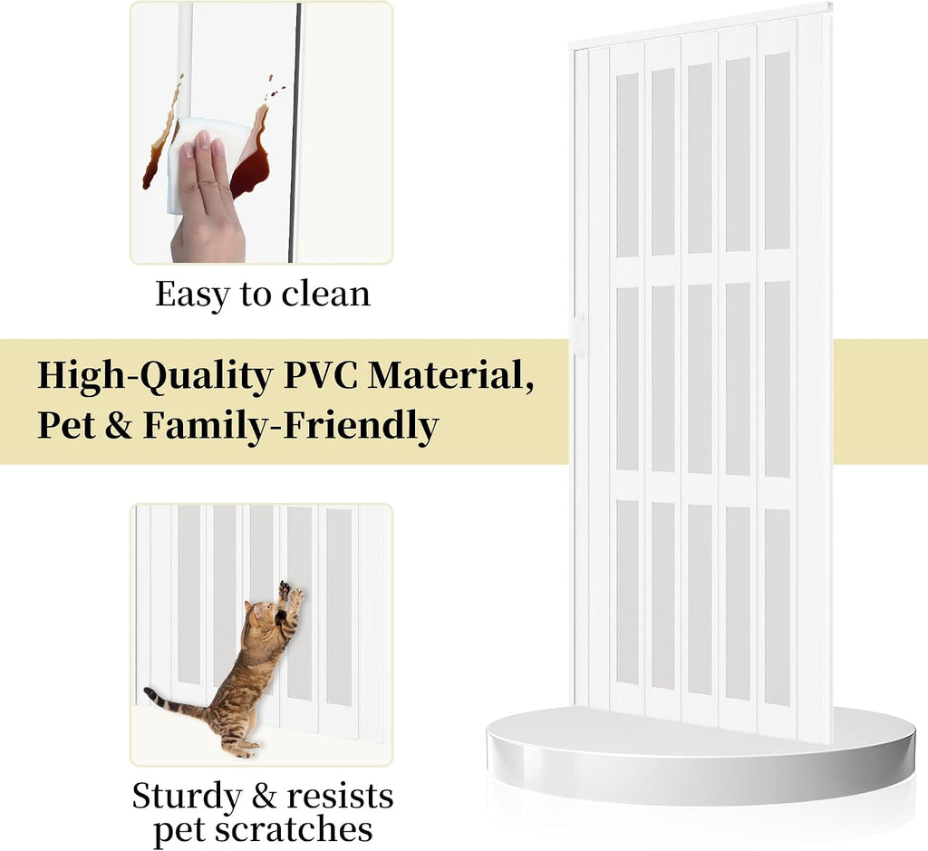 WINSTELLAR 36' x 80' Enhanced Accordion Doors with 3 Frosted Acrylic Panels, Bifold Closet Door Hardware Kit Included, PVC Interior Folding Doors with 2 Handles for Closet Bathroom Doorways