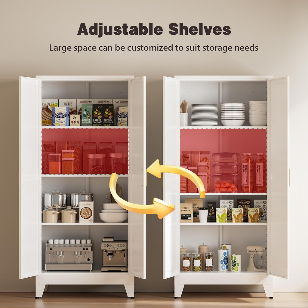 61' Tall Metal Pantry Cabinet, Kitchen Storage Cabinet with 2 Doors and 3 Adjustable Shelves for Kitchen, Living Room, Dining Room, Bathroom and Home, Office (White, 1PC)