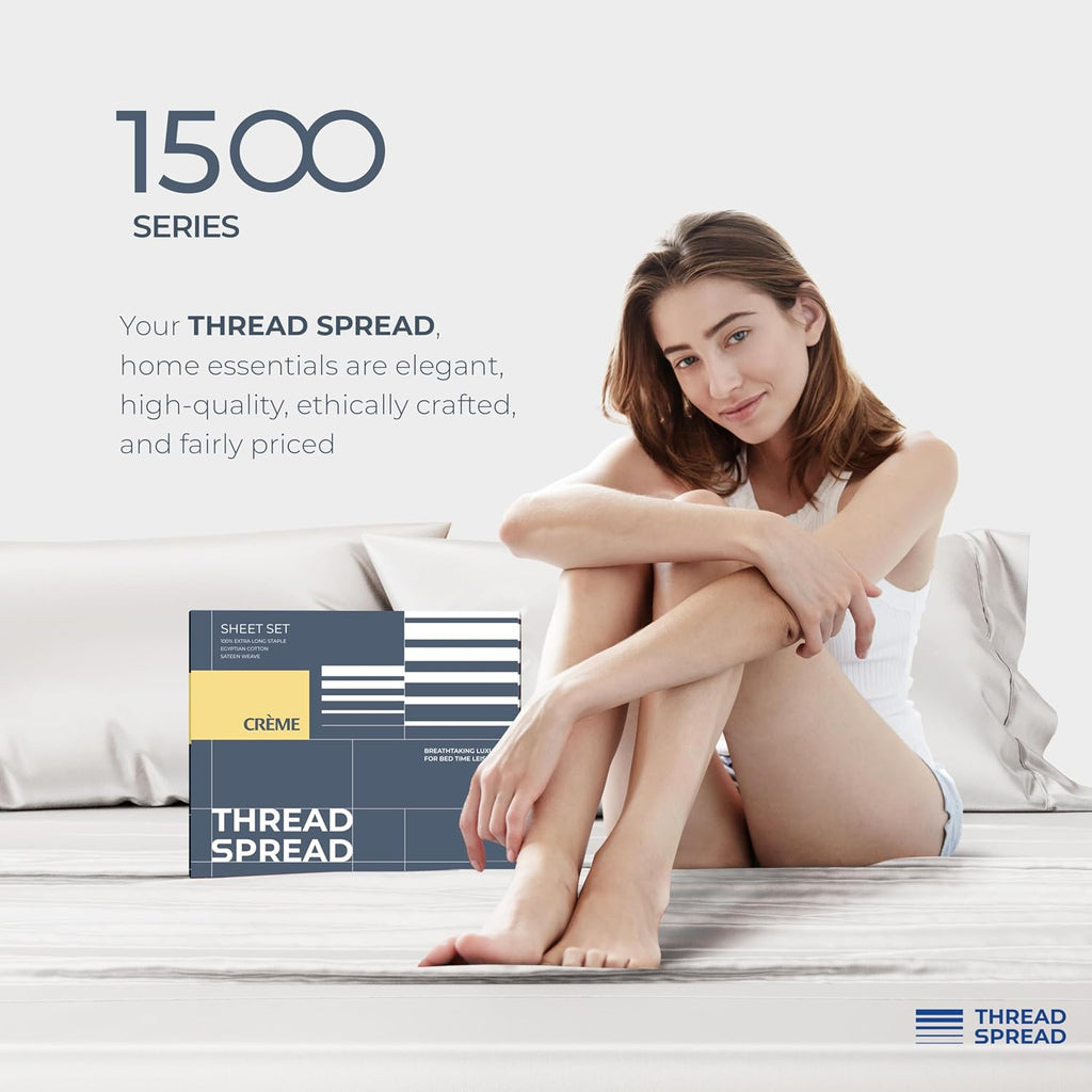 THREAD SPREAD 100% Egyptian Cotton King Size Sheets Set - Luxury 1500 Series Egyptian Cotton Sheets King Size (4 PC, Light Grey), Silky Soft, Sateen, Cooling & Breathable, 17' Deep Pocket Bed Set