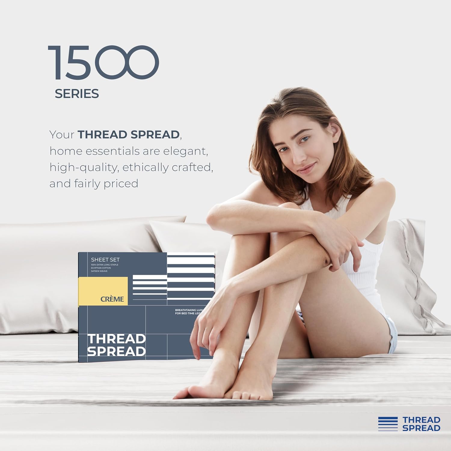 THREAD SPREAD 100% Egyptian Cotton King Size Sheets Set - Luxury 1500 Series Egyptian Cotton Sheets King Size (4 PC, Light Grey), Silky Soft, Sateen, Cooling & Breathable, 17' Deep Pocket Bed Set