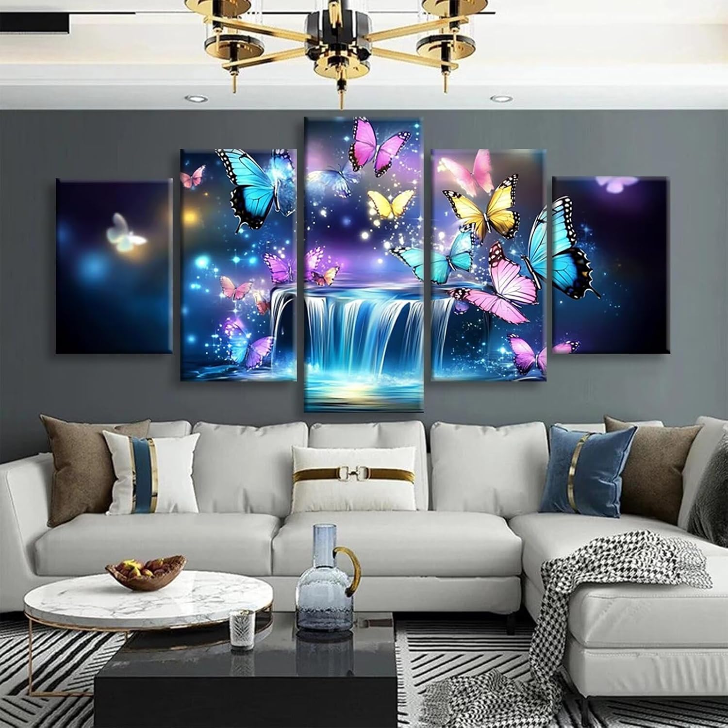Dream Diamond Art 5 Piece Diamond Painting Butterfly 5D DIY Full Square Drill Dimond Art Paintings Crystal Crafts for Adults Gem Painting for Home Decor, Large Artwork for Wall 60 x 120 Inch, Model348