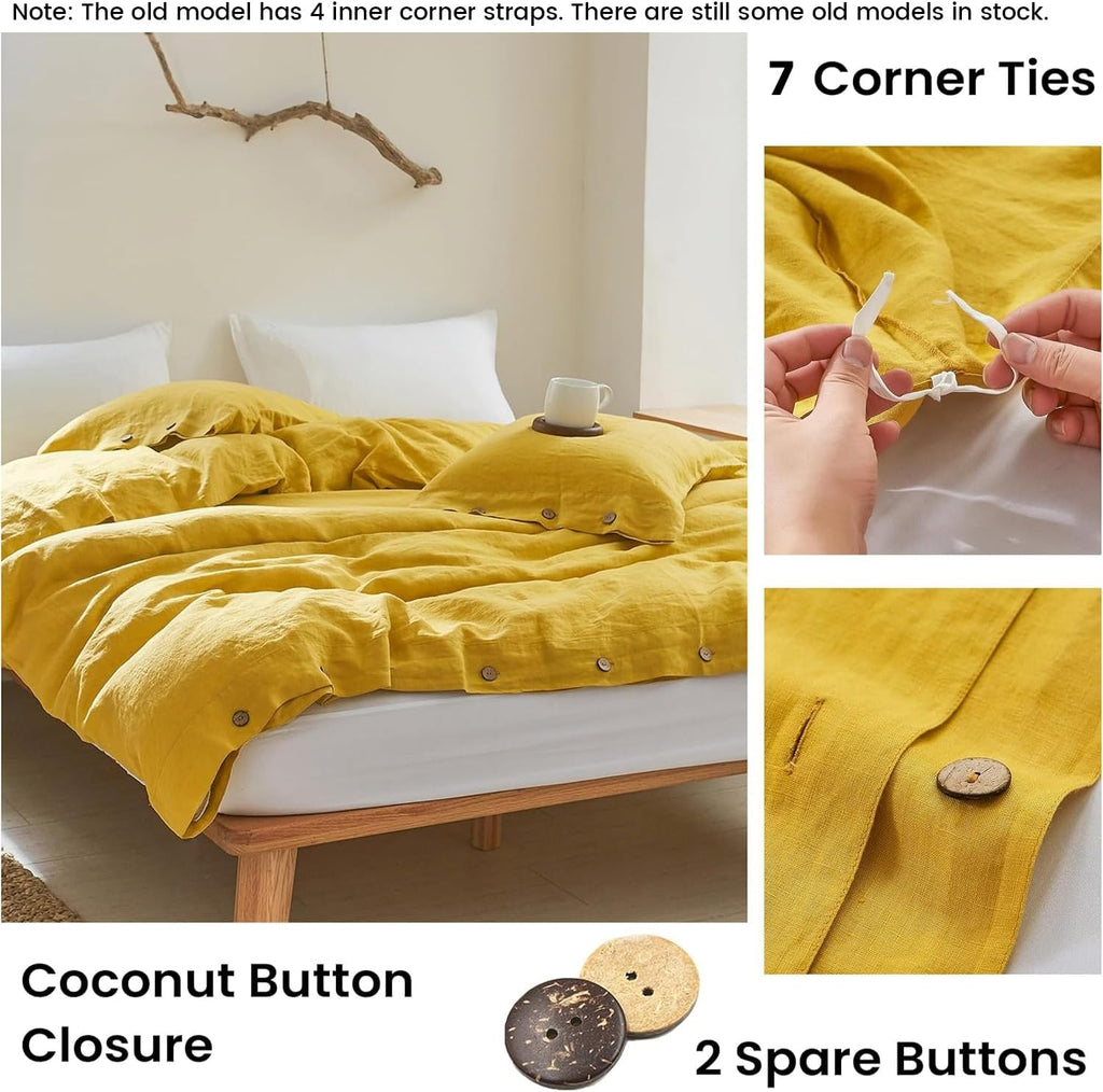 Simple&Opulence 100% Linen Duvet Cover Set 3pcs with Coconut Button Closure Natural French Washed Flax Solid Color Soft Breathable Farmhouse Bedding - Mustard Yellow, Queen Size