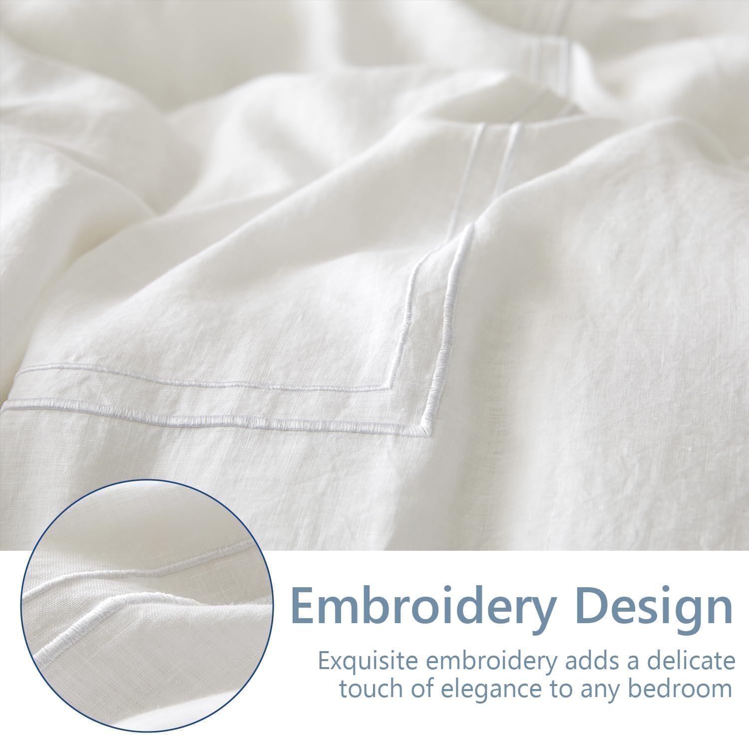 Simple&Opulence 100% Washed Linen Duvet Cover Set 88'x92' - 3 Pieces Soft Farmhouse Comforter Cover Set Double Embroidered with Button Closure - 1 Duvet Cover and 2 Pillowshams (White, Queen)