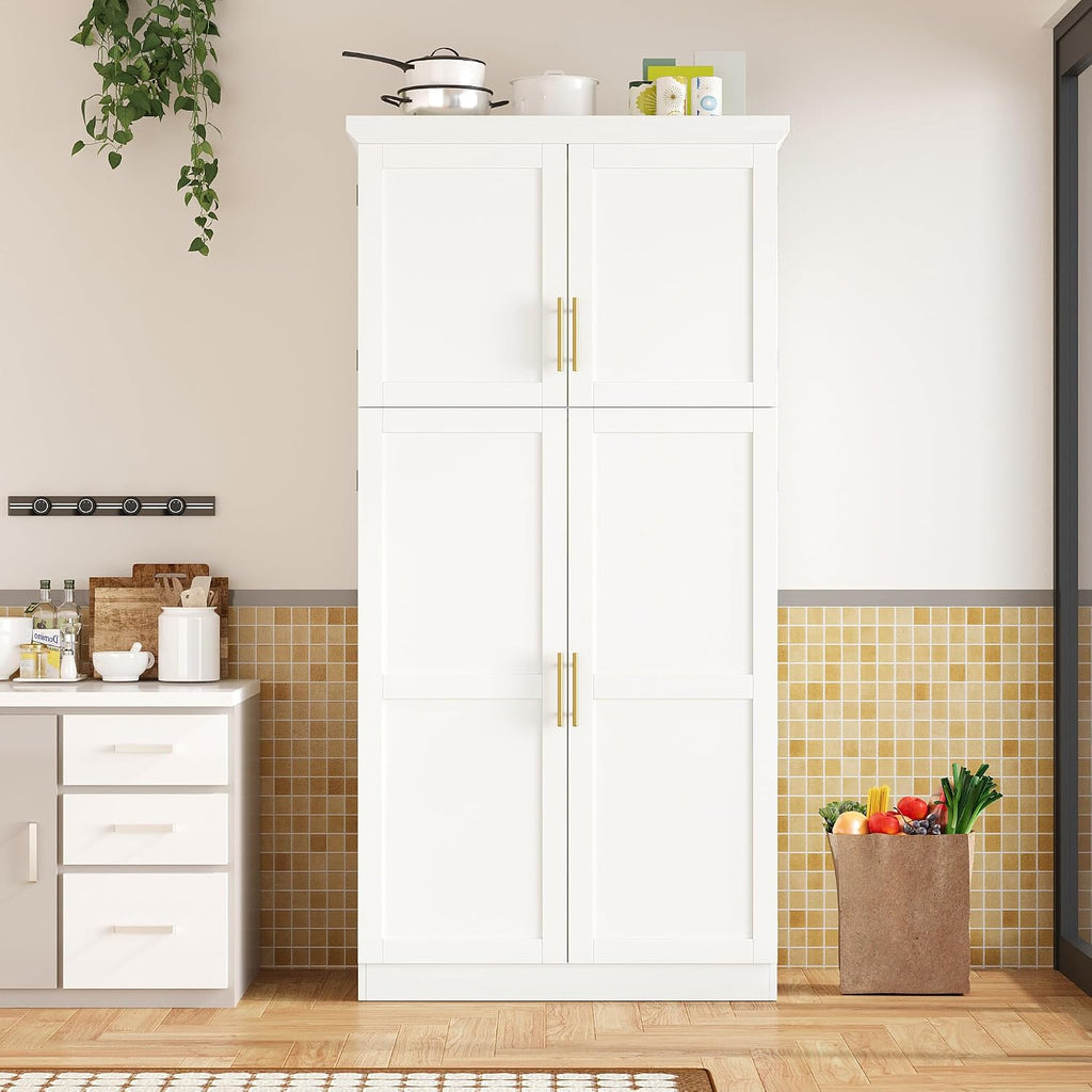 Freestanding Kitchen Pantry Storage Cabinet, 70.9''H Tall Wooden Kitchen Organizers with 4 Doors, 2 Door Shelves, 8 Pull-out Trays and Adjustable Shelf for Dining Room Living Room (White-8.5)