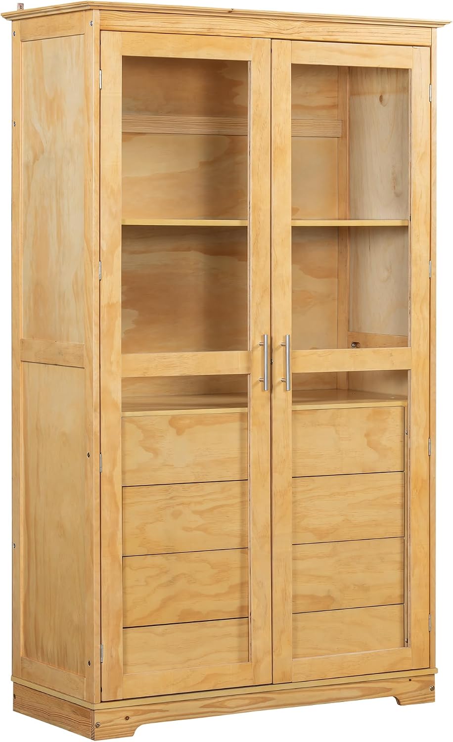 Modern 75inch Kitchen Pantry, Freestanding Kitchen Storage Cabinet Display Cabinet with Glass Doors and 4 Built-in Drawers for Living Room, Home Office (Natural-30r)