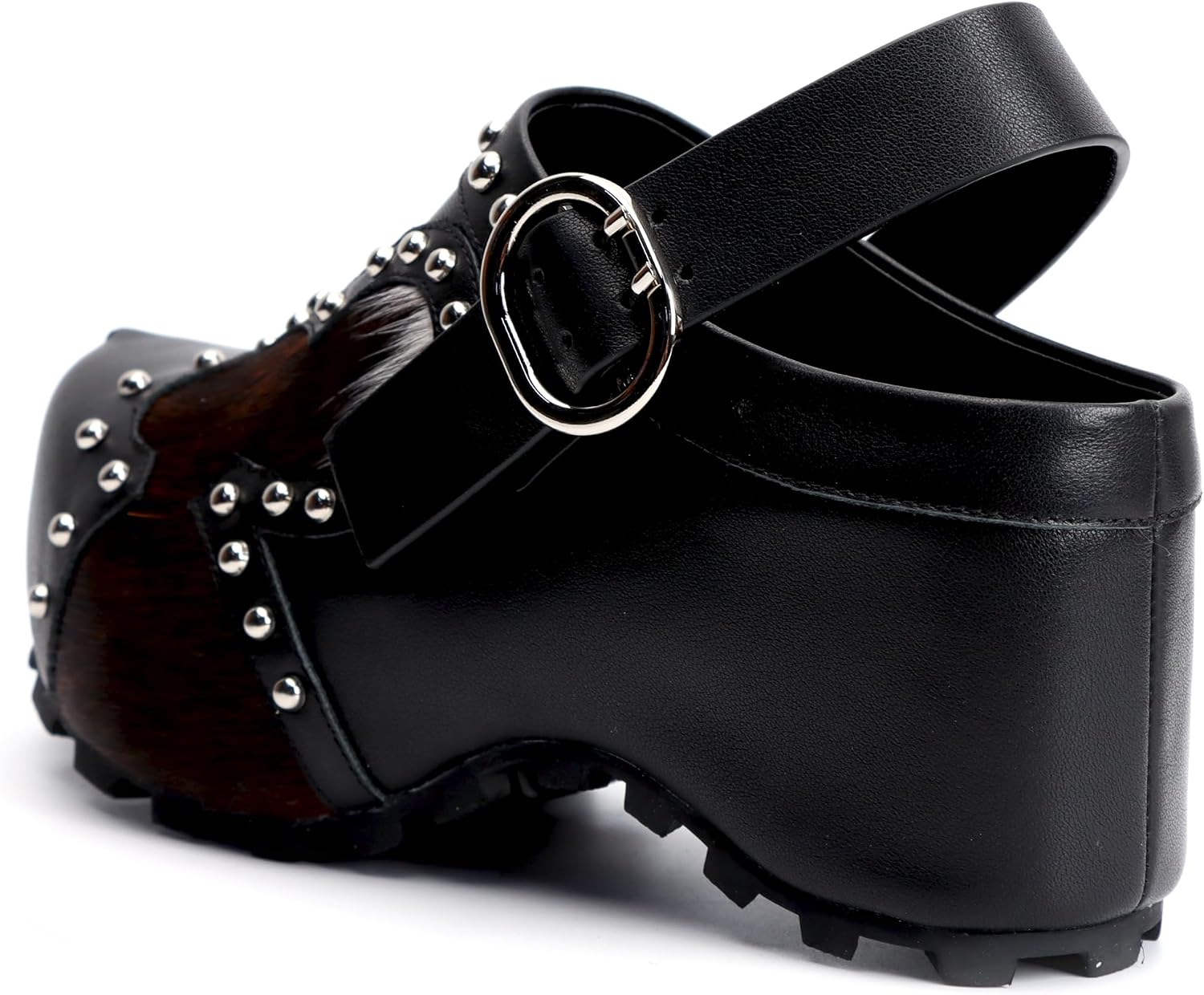XOBZJH Platform Clogs for Women with Arch Support – Natural Calf Hair & Leather Patchwork Upper, Adjustable Strap, Leather-Lined Slip-On Mules for Flat Feet, Vintage Rivet Design