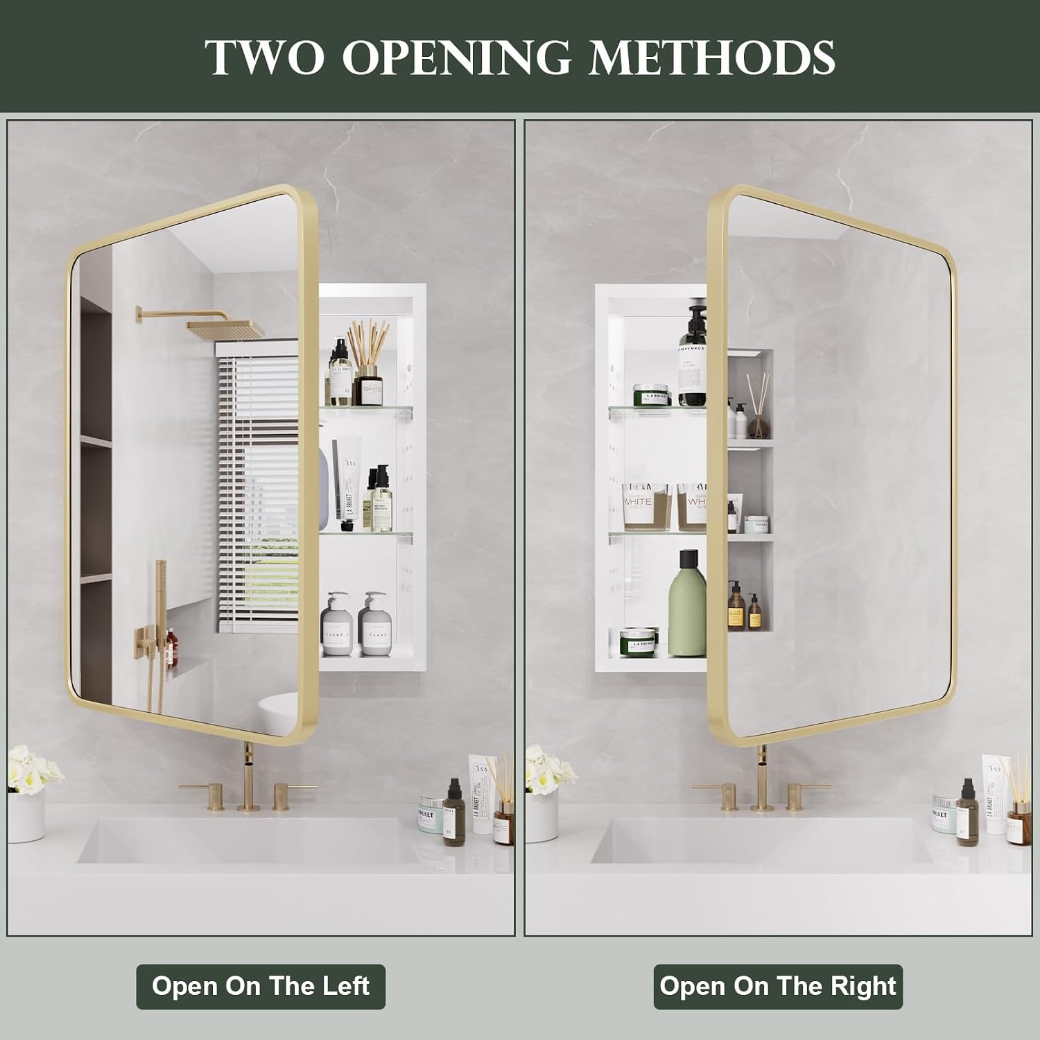 WallBeyond Bathroom Medicine Cabinet with Mirror, 22x28 Inch Gold Recessed Medicine Cabinet with Round Corner Aluminum Alloy Metal Framed, Single Door Cabinet Medicine with Storage