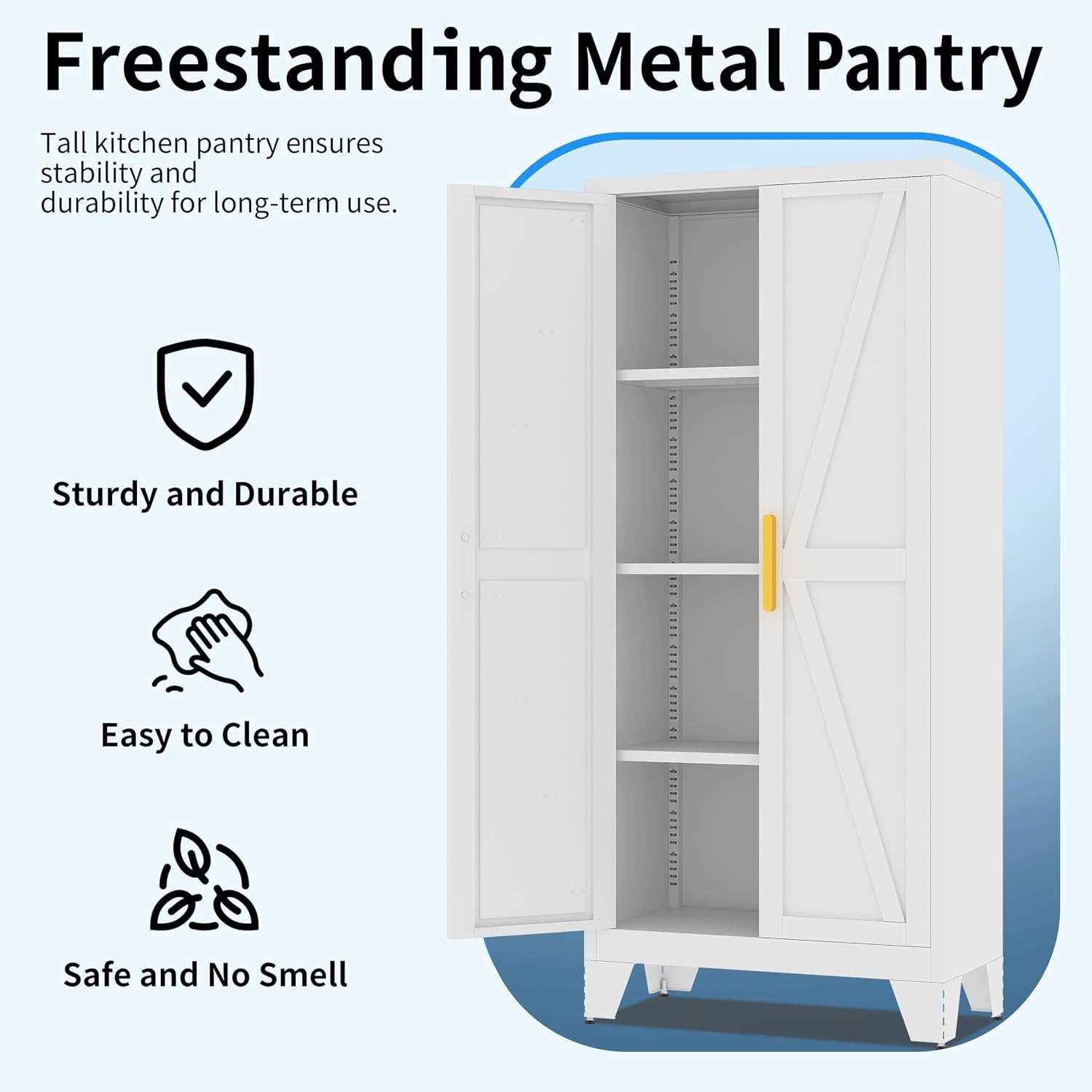 61' Tall Pantry Cabinet, White Metal Pantry Storage Cabinet, Kitchen Pantry Storage Cabinets with 2 Door and 3 Adjustable Shelves (White, 61' Modern)
